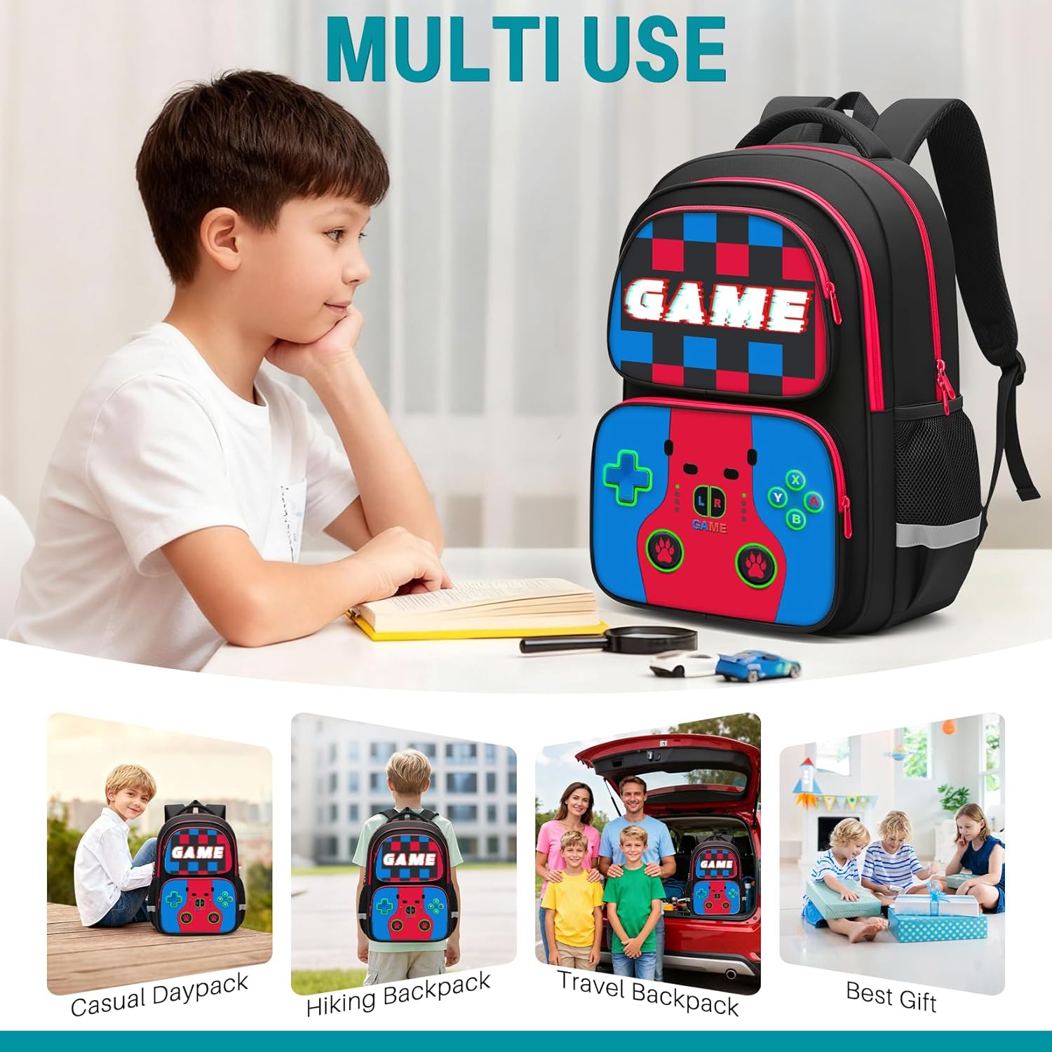 Gaming Backpack for Boys, Elementary Middle School Bookbag with Reflective Strip, Water Resistant Game Controller Backpack for Kids Teens, Lightweight Travel Laptop Backpack for School