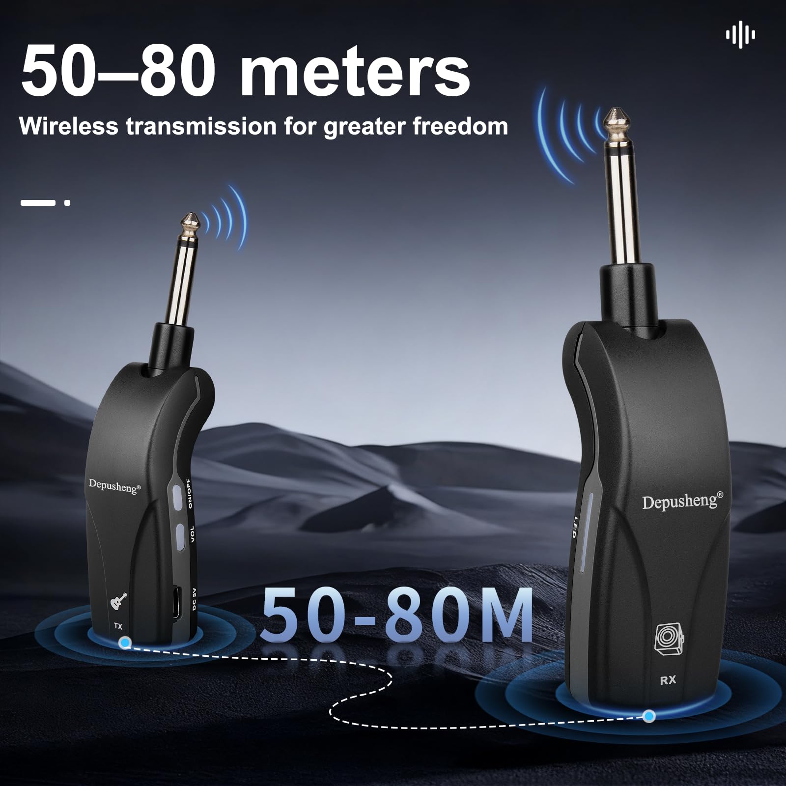 Depusheng GT1 2,4 GHz Wireless Guitarra Sistema Silenciador Receptor + 2 Transmisores, Batería 10h USB-C, para Guitarra eléctrica, bajo, Ukelele (Receptor + 2 transmisores)
