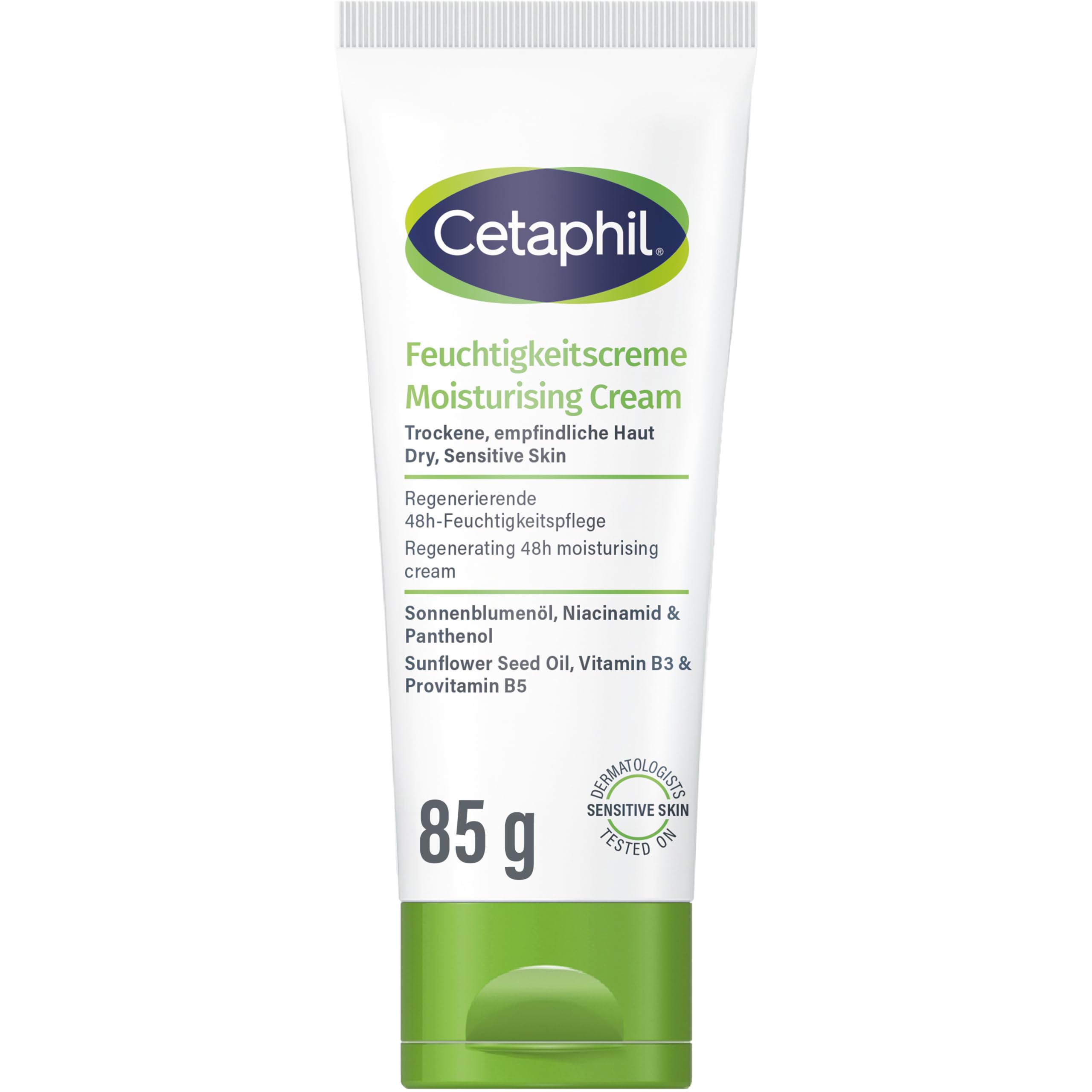 Cetaphil Feuchtigkeitscreme, 85ml, Für trockene, empfindliche Haut, Spendet intensiv 48h Feuchtigkeit und stärkt die Widerstandskraft, Mit Vitamin B3, Provitamin B5, Sonnenblumenöl, Mandelöl, Glycerin