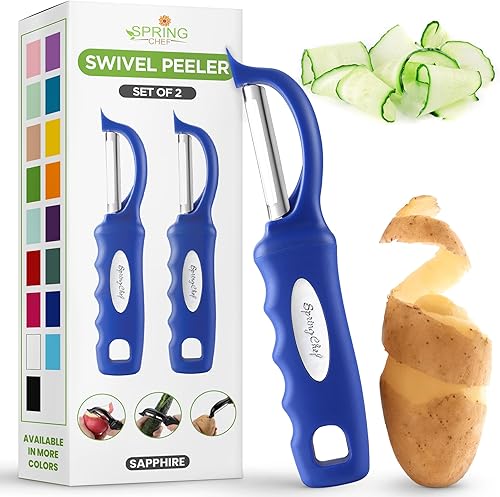 Miniatura 31 de Spring Chef Pelador de verduras giratorio profesional rojo para cocina, peladores de papas de acero inoxidable con mango de agarre suave, perfecto