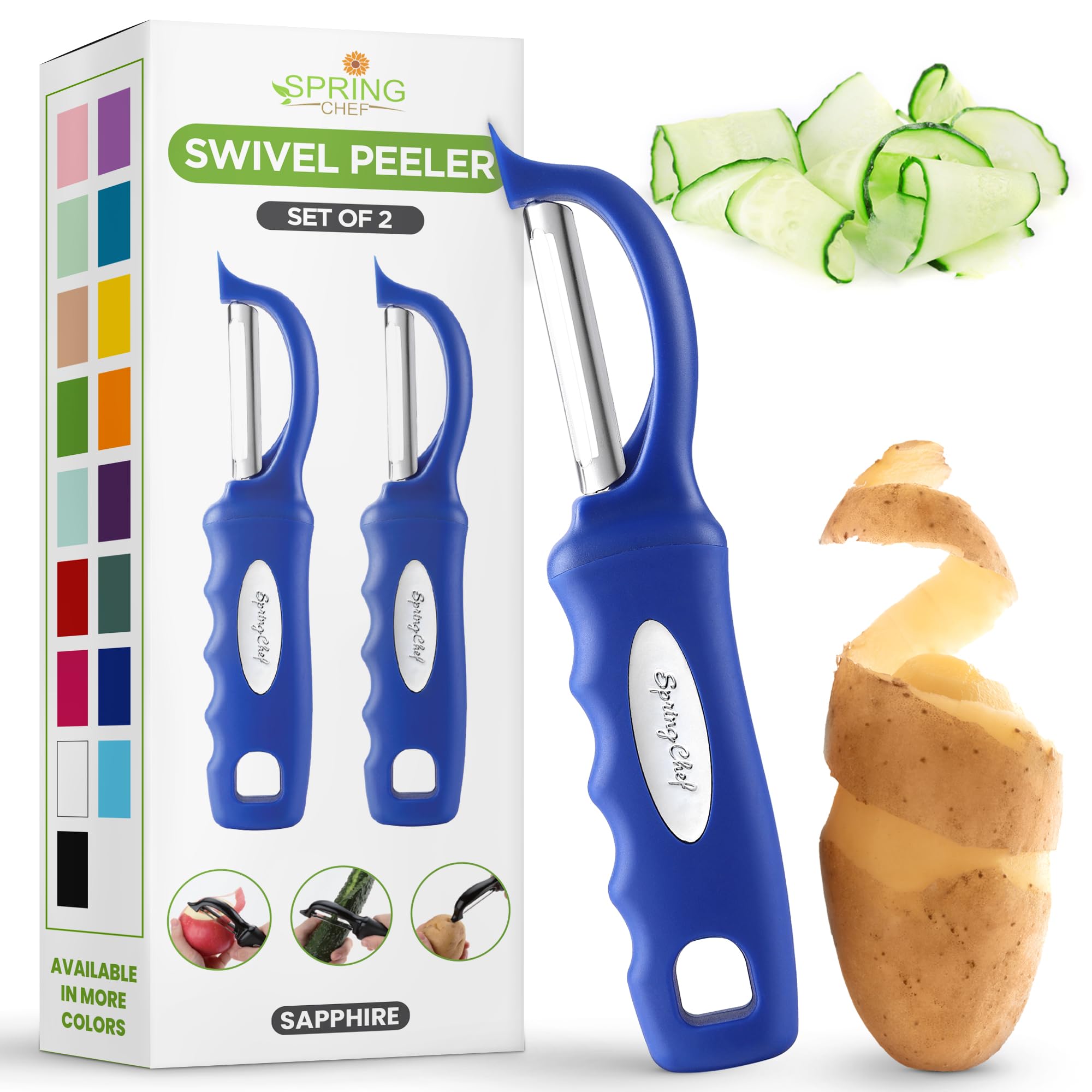 Spring Chef Swivel Potato Peeler with Soft Grip Handle, Set of 2, Sapphire