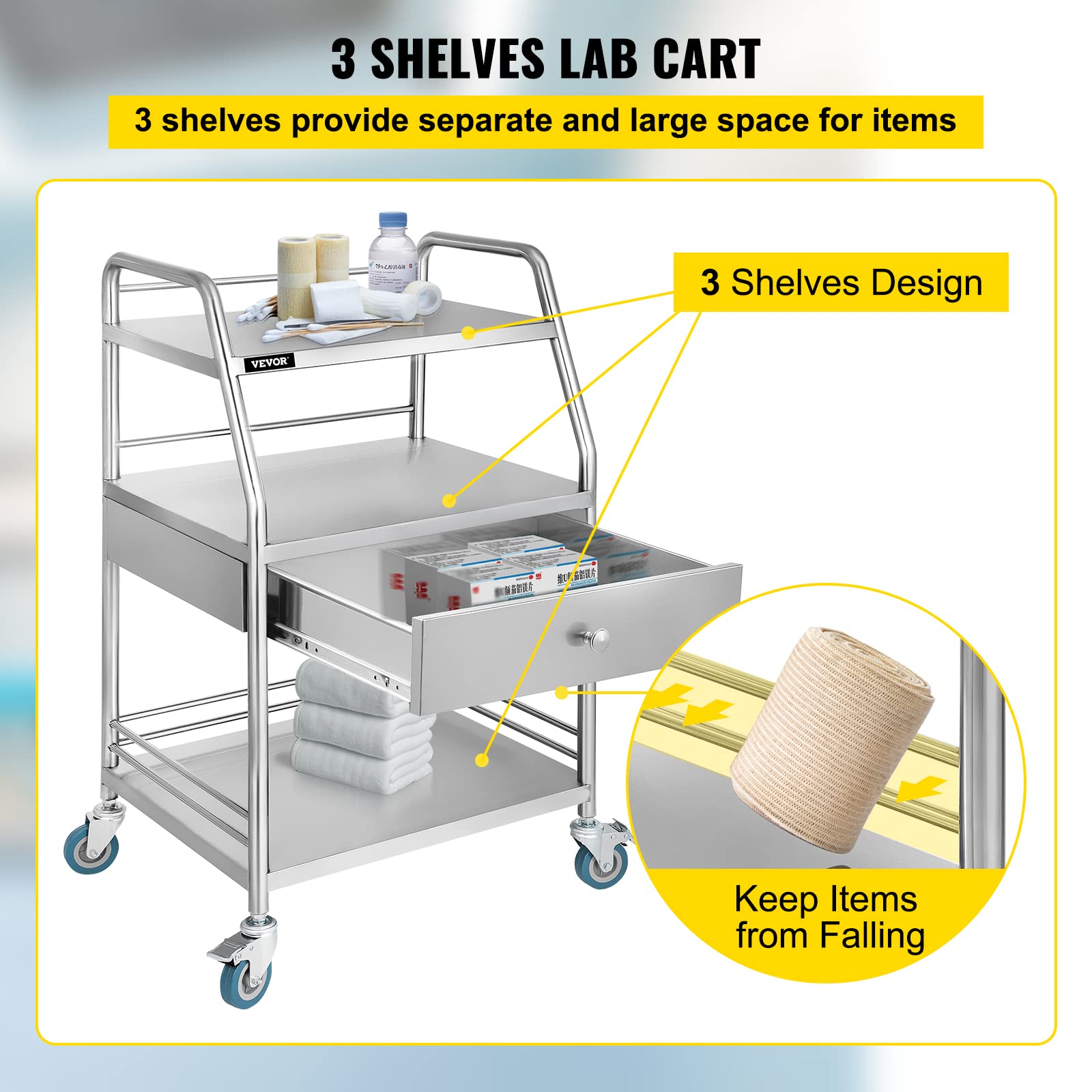 Buy VEVOR Utility Cart with 3 Shelves Shelf Stainless Steel with Wheels