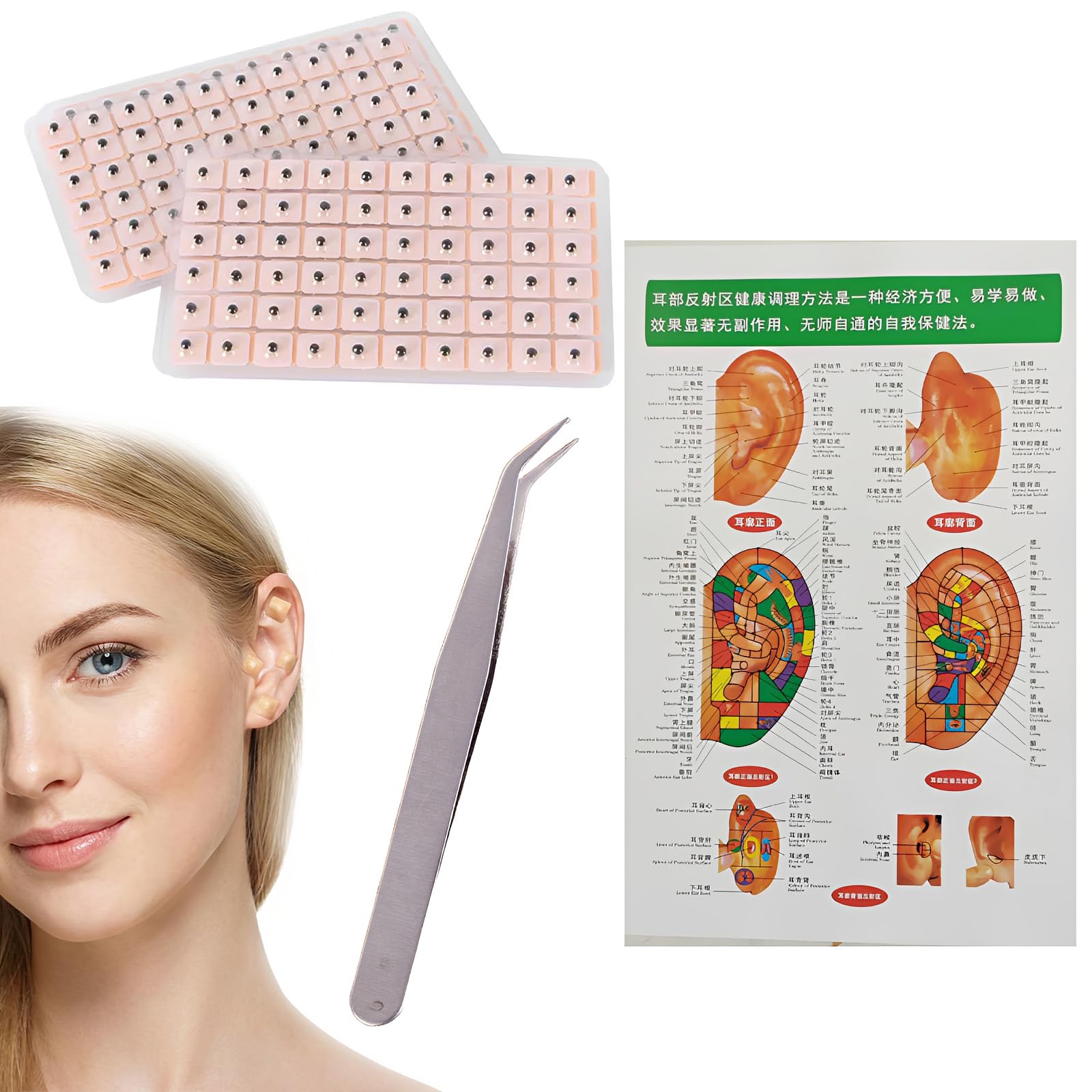 1200 Stück Akupunkturpflaster, Ear Seeds mit Pinzette & Akupressur-Karte, Ohrakupunktur Pflaster für Wellness & Entspannung, Hautfreundlich & Atmungsaktiv, Natürliche Gesundheitsvorsorge