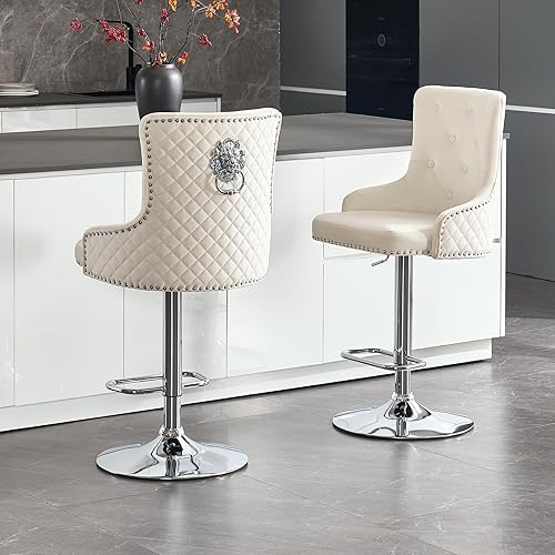 Juego de 2 taburetes de bar de terciopelo, altura de mostrador moderna, giratorios ajustables, color crema