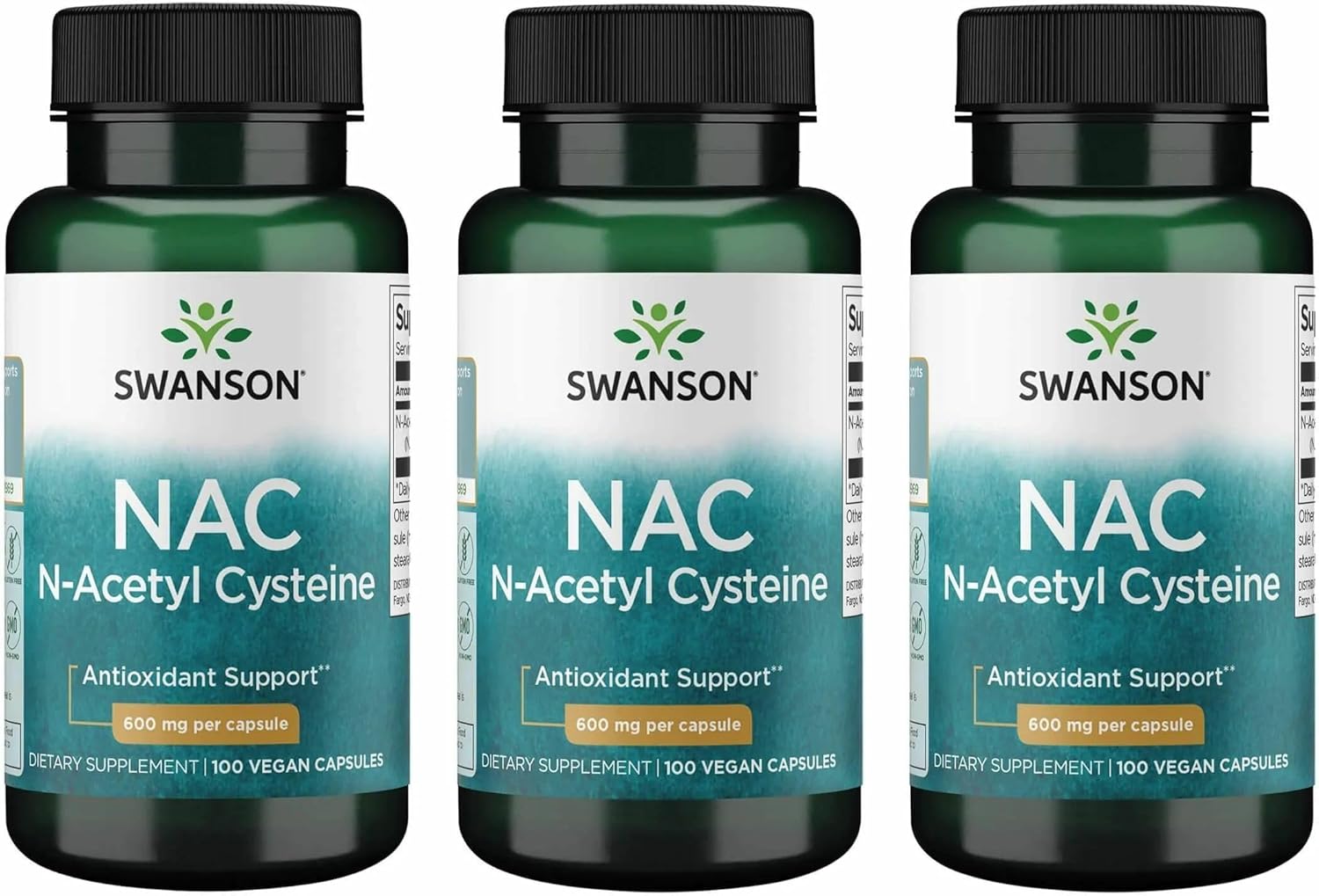 Swanson NAC N-Acetyl Cysteine Liver Health and Antioxidant Supplement for Adults Seeking Detox and Free Radical Support - 600 mg (100 Vegan Capsules, 3 Pack)