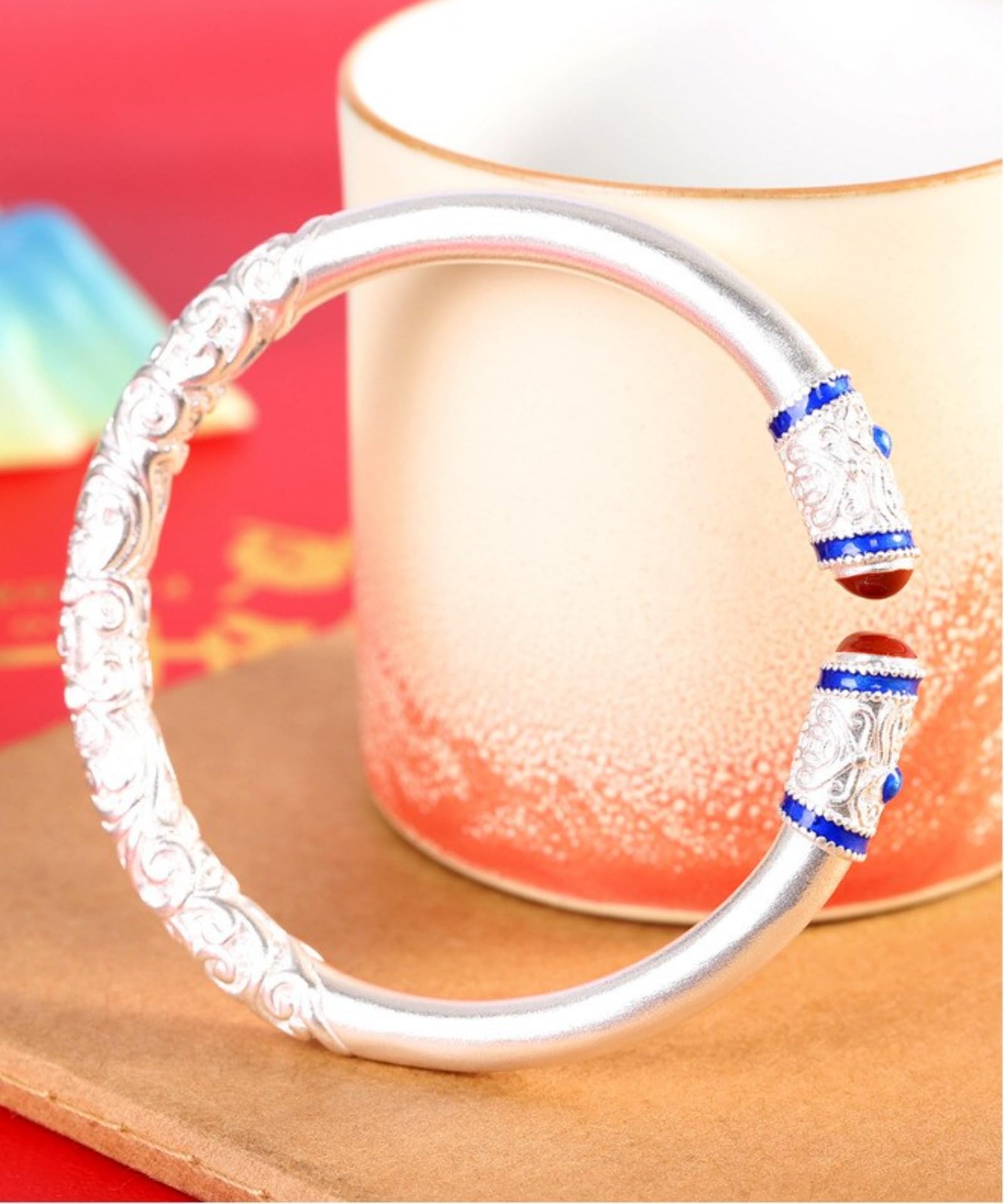 Braccialetti d'argento, braccialetti da braccialet Bracciale rigido aperto di buon auspicio in argento sterling 999 da donna, artigianato tradizionale smaltato, accessorio perfetto for appuntamento, c