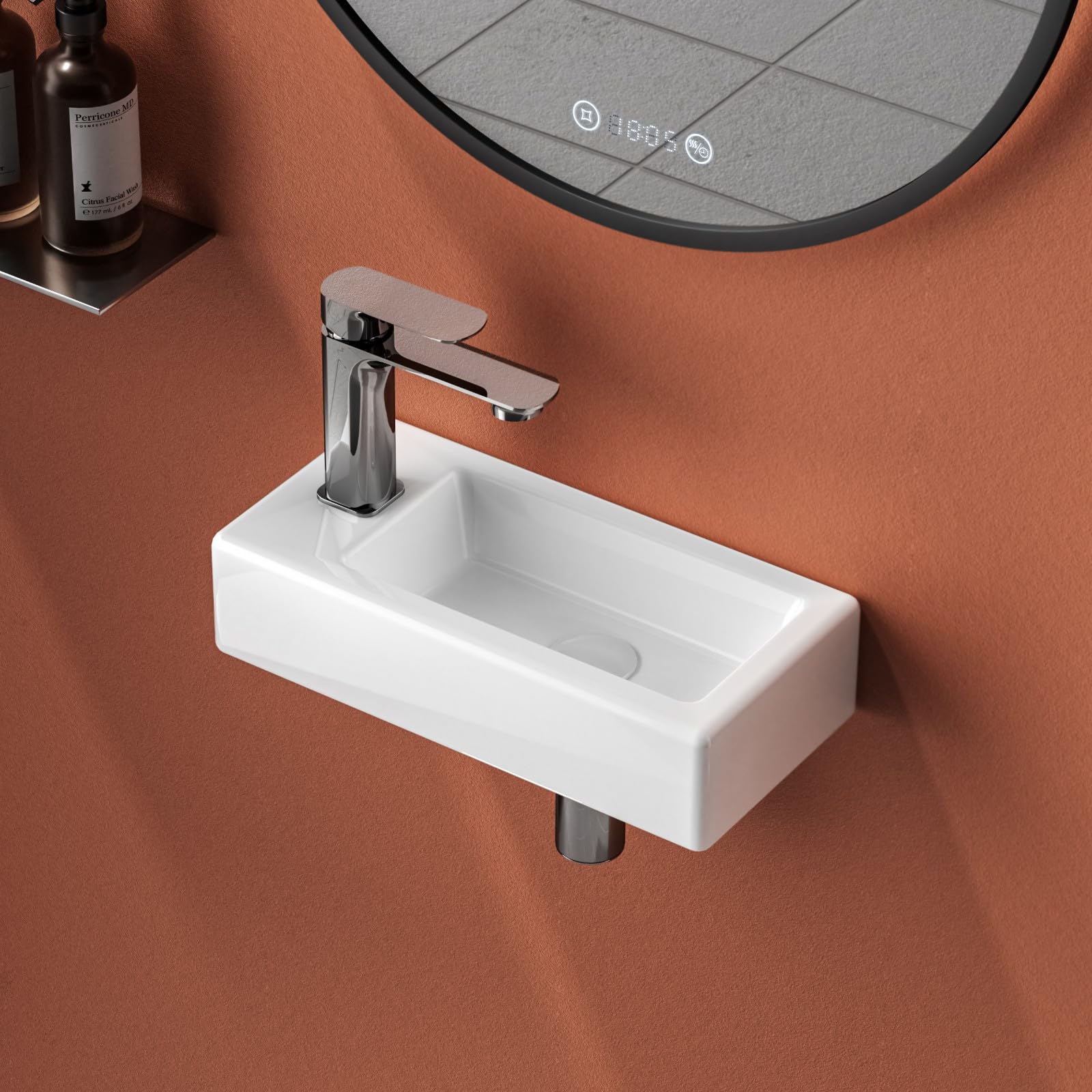 EMKE Lavabo da 36,5 x 18 x 9 cm, piccolo lavandino bianco, da appendere, per WC degli ospiti e bagno, rubinetto sinistro, montaggio a parete