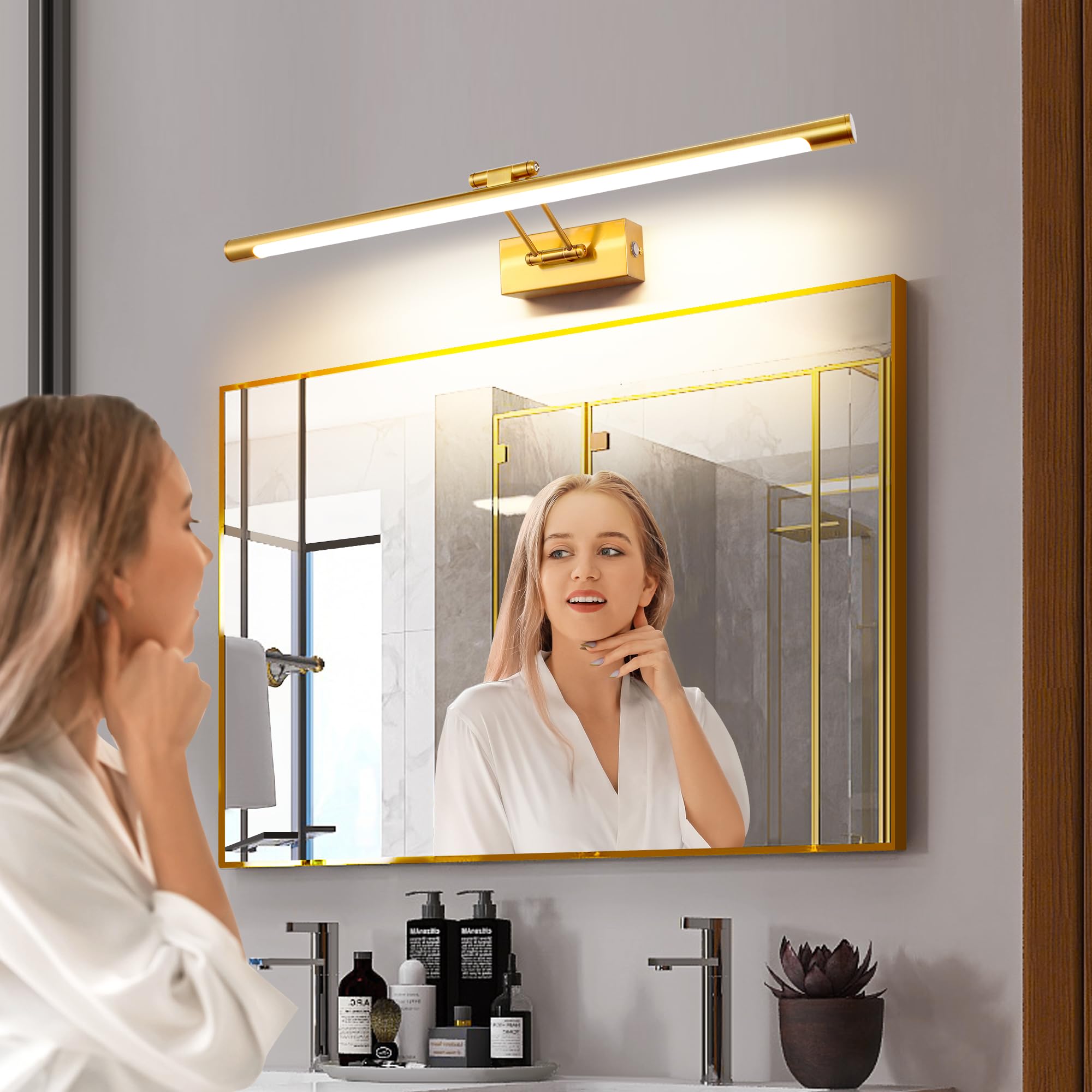 LED Spiegelleuchte Badezimmer 60cm 12W, Dimmen einer einzigen Farbtemperatur LED-Bilderleuchte mit Schwenkbarem Lampenkopf, Wandleuchte Spiegel Beleuchtung Lampe