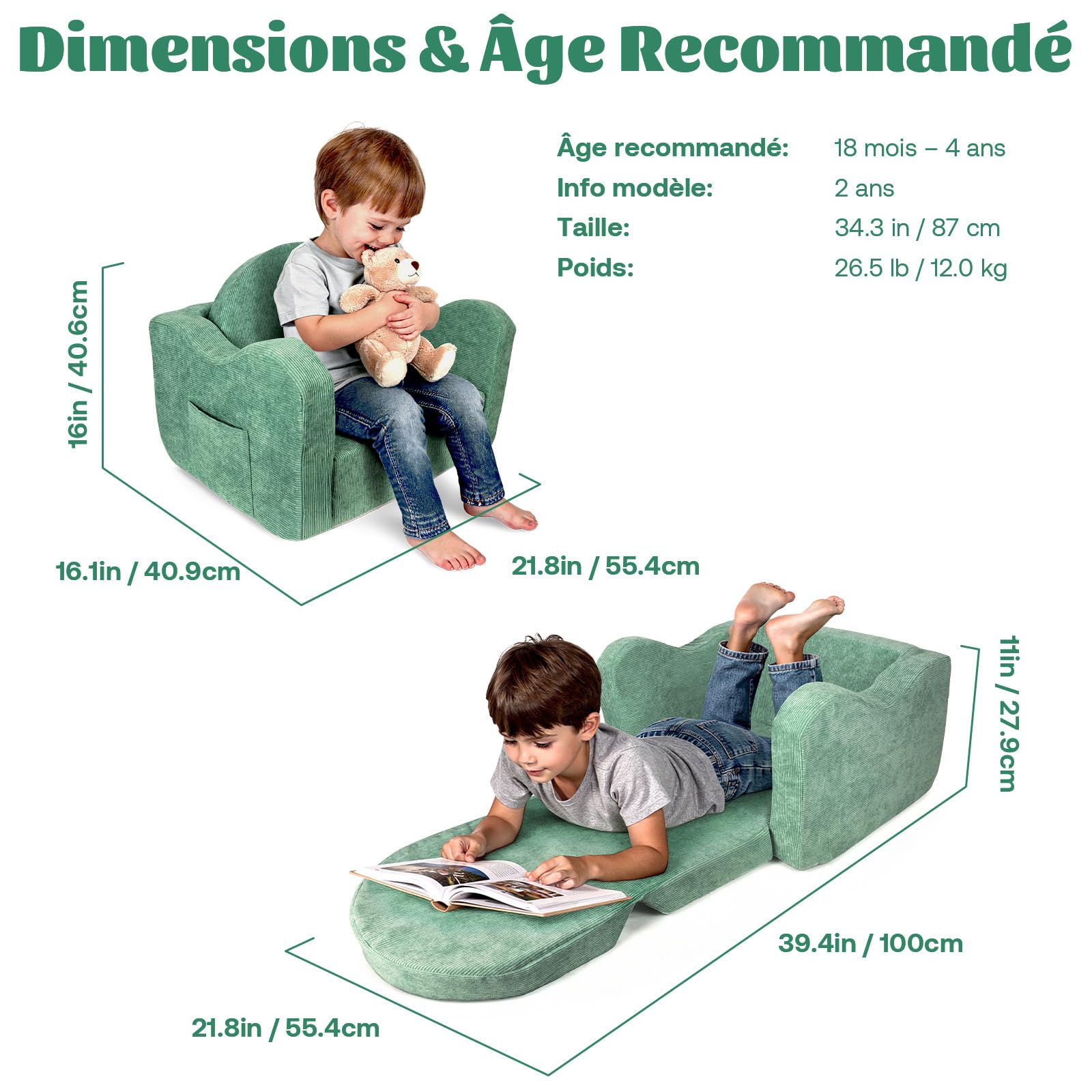 2 in 1 Fauteuil Enfant Convertible - Canapé Bébé Filles 1-4 Ans