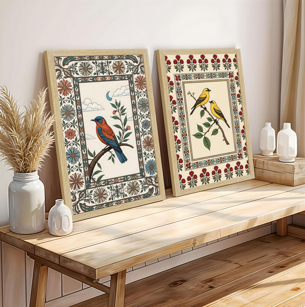 ArtX Paper Madhubani Paintings with Frame for Home Decor Wall Art, Wall Paintings for Living Room, Multicolor, Natural Wood Color Frames, 12.0x18.0 inch, Set of 3