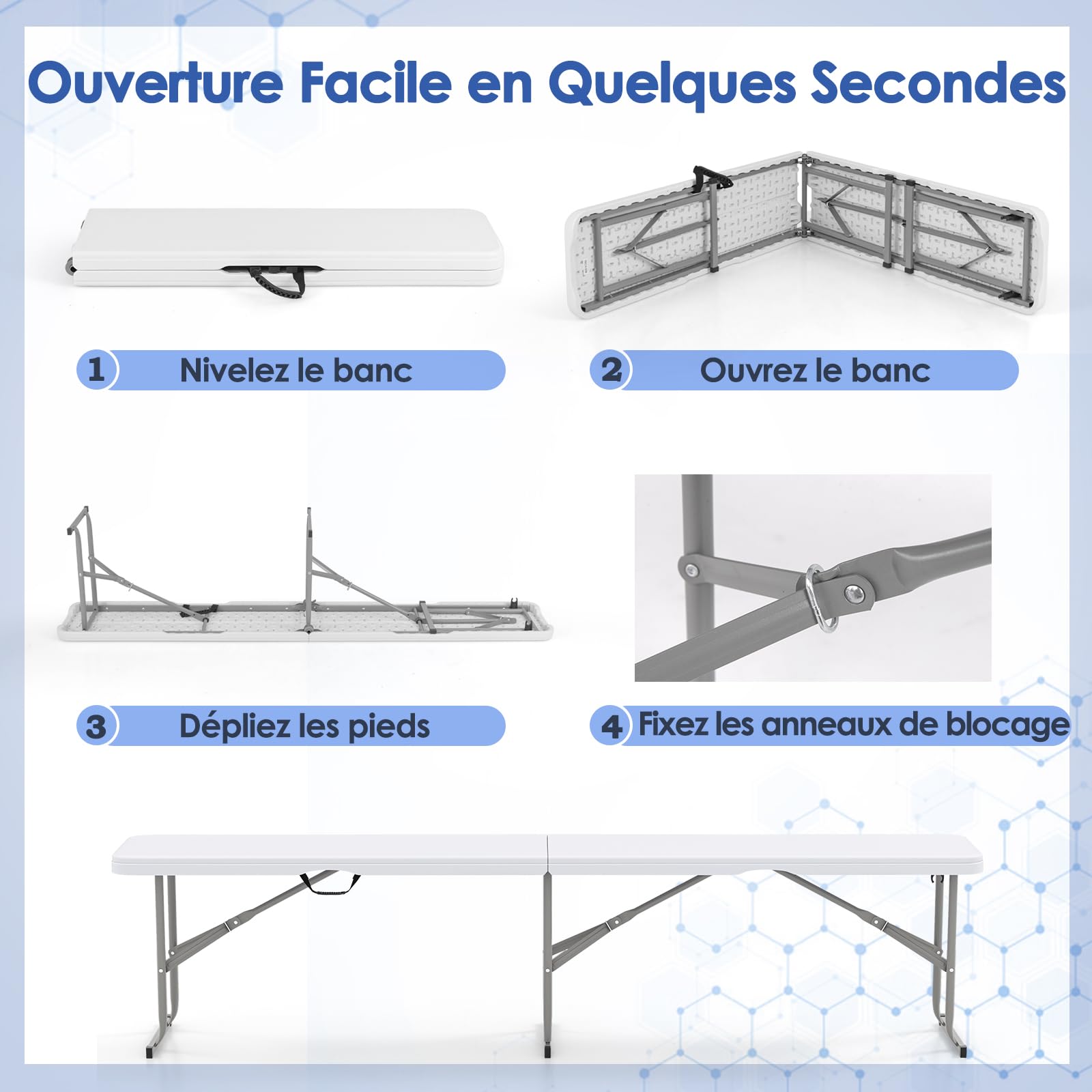GOPLUS Banc Pliant Jardin en HEPE 182 cm, Banc d'Intérieur et d'Extérieur, Poignée de Transport, Etanche, pour Pique-Nique, Camping, Barbecues,182 x 27,5 x 43 cm,Charge 300KG