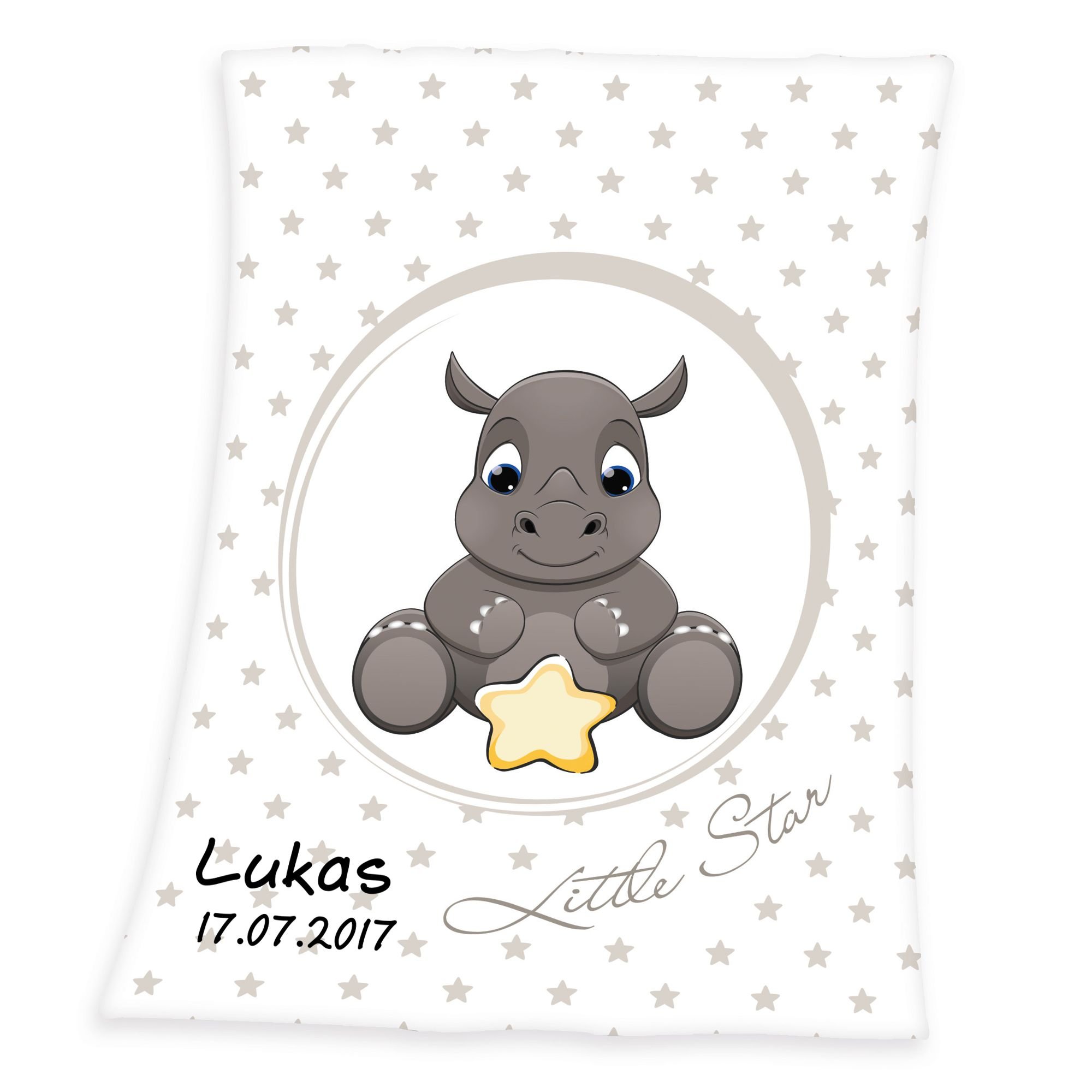 Wolimbo Babydecke mit Namen personalisiert - Motiv Nashorn - Besticktes Geschenk für Mädchen und Junge