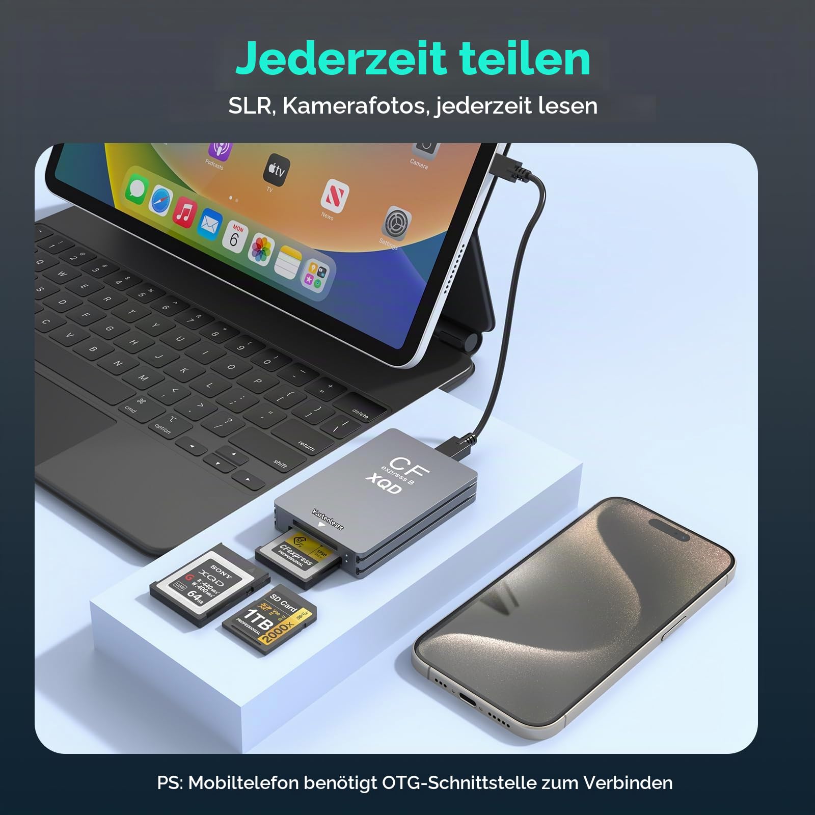 3-in-1 CFexpress Typ B/XQD/SD Kartenleser, USB 3.2 Gen 2 10Gbps CFexpress Typ B Kartenleser mit Dual Slot Kompatibel mit Sony G/M Serie/Lexar/CF Express Typ B für Windows/Mac OS/Linux