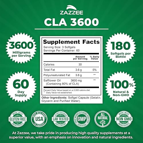 Miniatura 3 de Zazzee CLA 3600 de alta potencia, 180 cápsulas blandas, 3600 mg por porción, ácido linoleico conjugado de aceite de cártamo, concentrado y