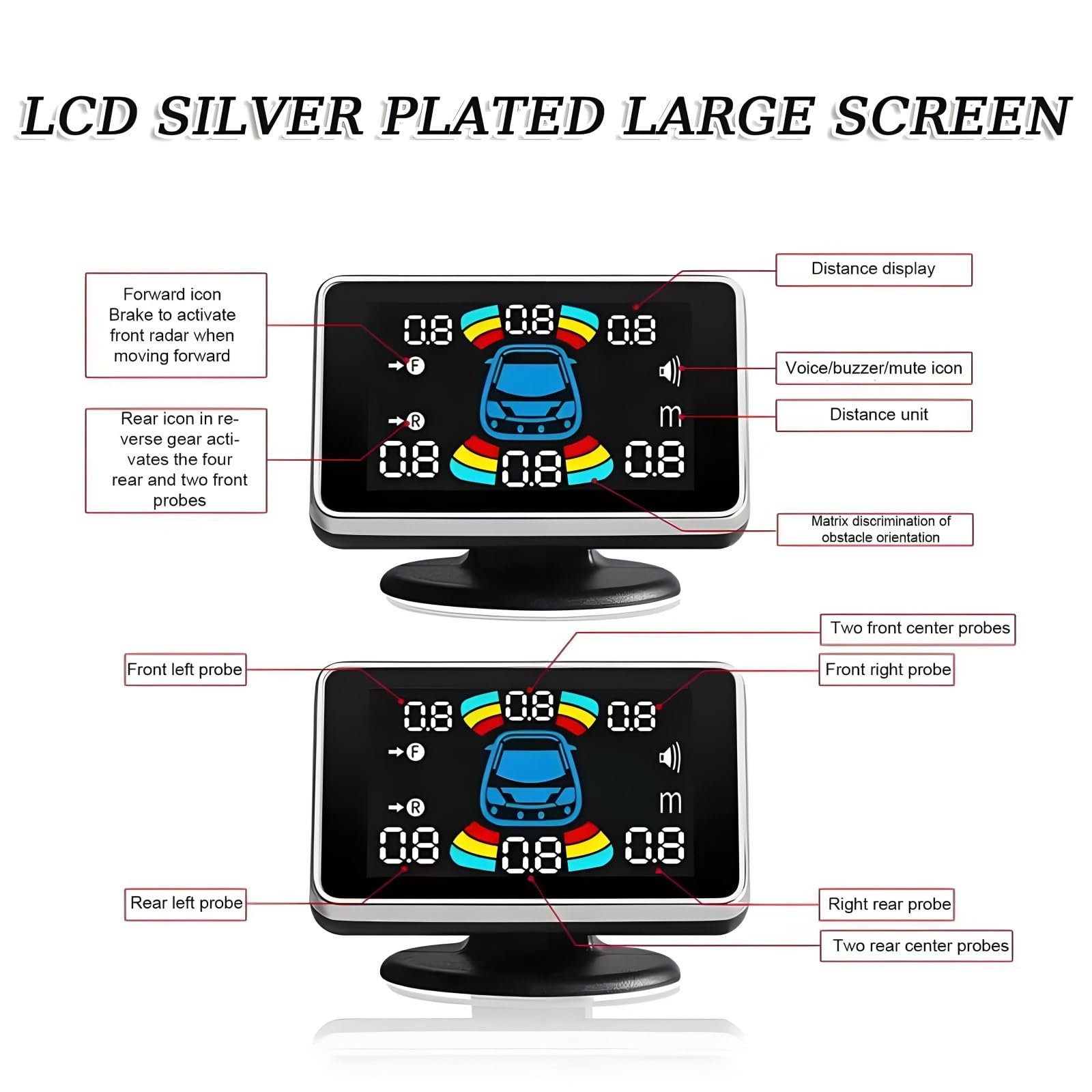 Sistema De Aparcamiento 8 Sensores Con Pantalla LCD, Radar Ultrasónico Delantero Y Trasero, Alertas De Voz Y Sonido, Detector De Marcha Atrás 12V(GRAY)