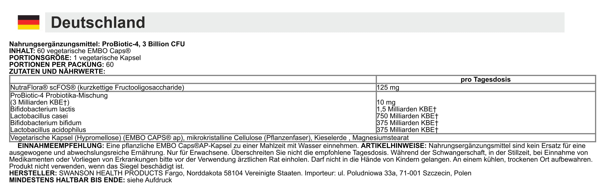 Swanson - Probiotic-4 | Nahrungsergänzungsmittel für Darmgesundheit und Wohlbefinden - 60 Kapseln