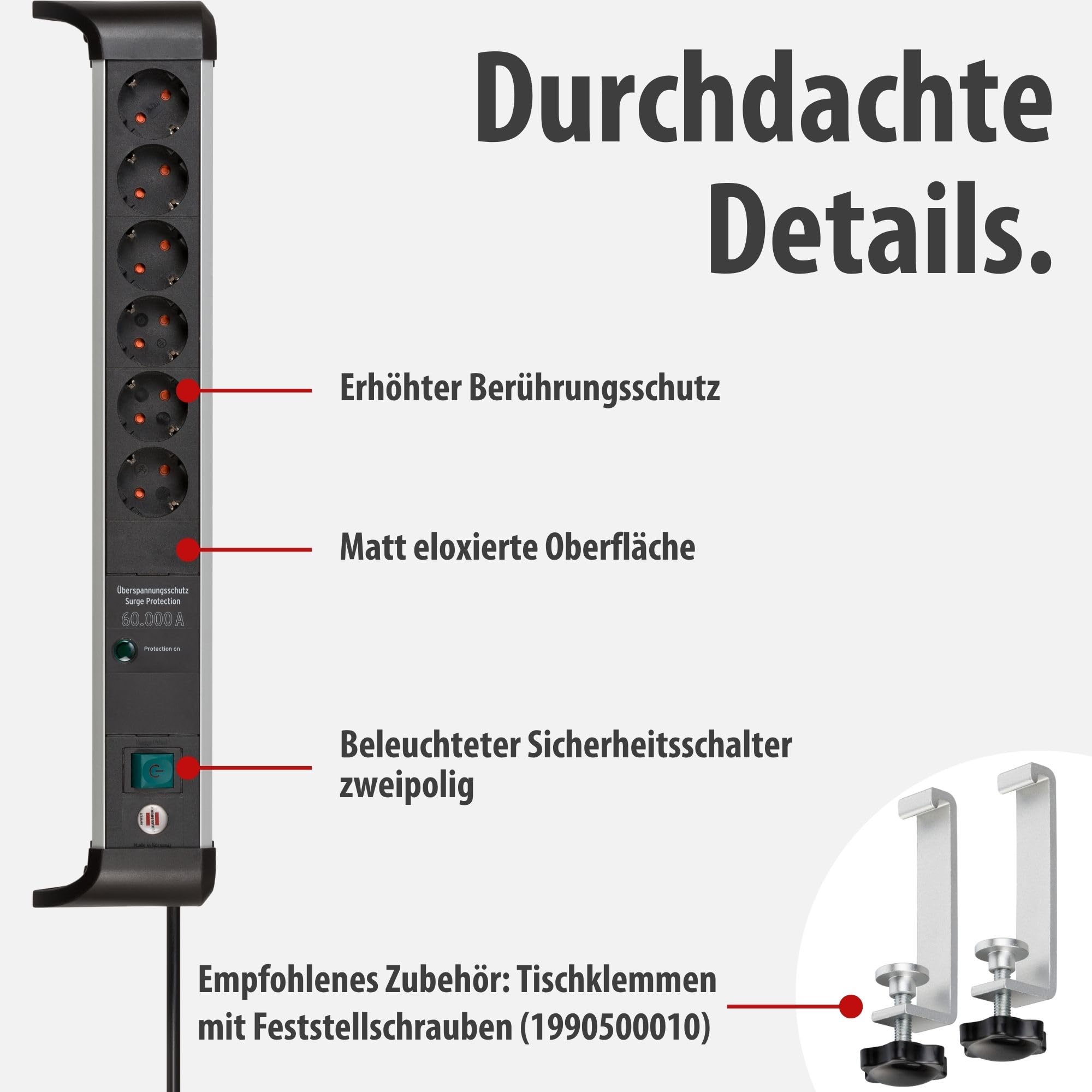 Brennenstuhl Alu-Office-Line Steckdosenleiste 6-Fach, 3m | Mit Überspannungsschutz, Mehrfachsteckdose mit Schalter, Made in Germany