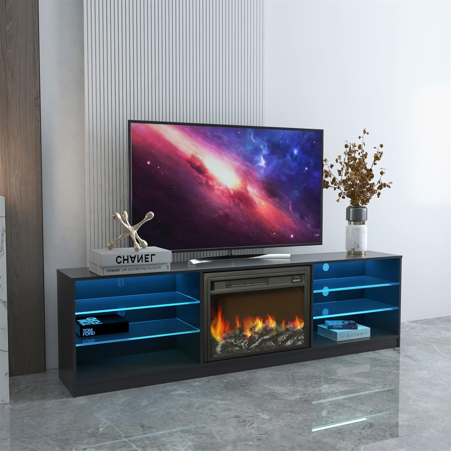 Bellemave Fireplace TV Stand 78" Entertainment Center with RGB Led Lights, Modern Electric Fire Place TV Console for TVs up to 85", TV Table Cabinet with Storage Glass Shelf for Living Room, Black