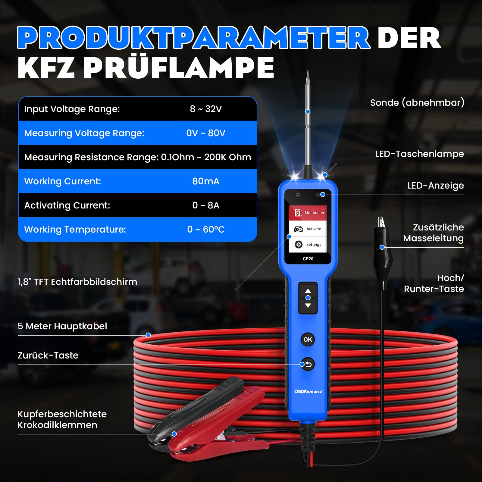 OBDResource Tester di tensione auto Circuit Tester, 6 V-24 V DC tester di tensione per auto con campione di corrente, schermo digitale per la prova della batteria dell'auto, continuità/messa a
