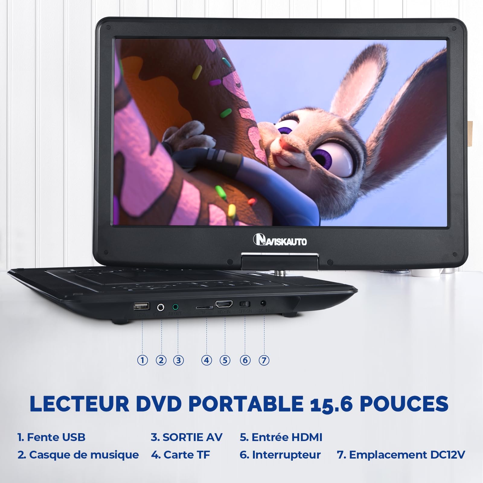 NAVISKAUTO 17,5'Lecteur DVD Portable Voiture, supporte HDMI Input, 1080P Vidéo Full HD, AV in/Out, Lecteur DVD Portable avec Sacoche de Transport Grand Ecran pour Enfant