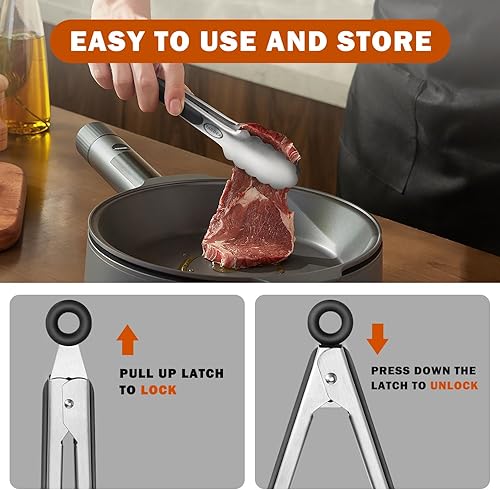 Miniatura 3 de TACGEA Pinzas de cocina de acero inoxidable, agarre antideslizante de silicona, pinzas de bloqueo para alimentos a la parrilla, juego de 2, 9