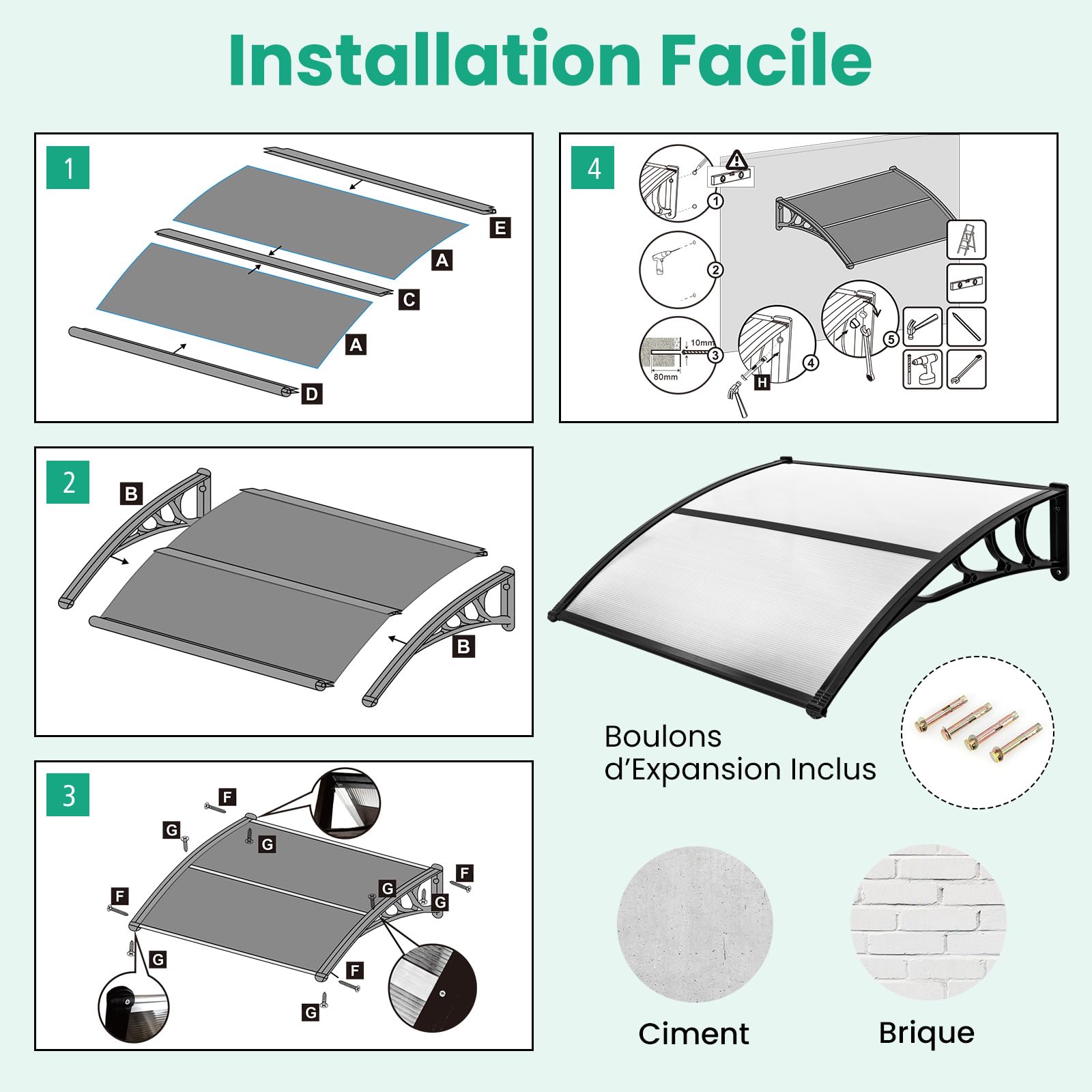 RELAX4LIFE Marquise de Porte Exterieur 150x100 CM, Auvent Porte d’Entrée en Polycarbonate, Protection Contre Pluie et UV, Auvent Marquise Aluminium pour Terrasse Balcon Patio