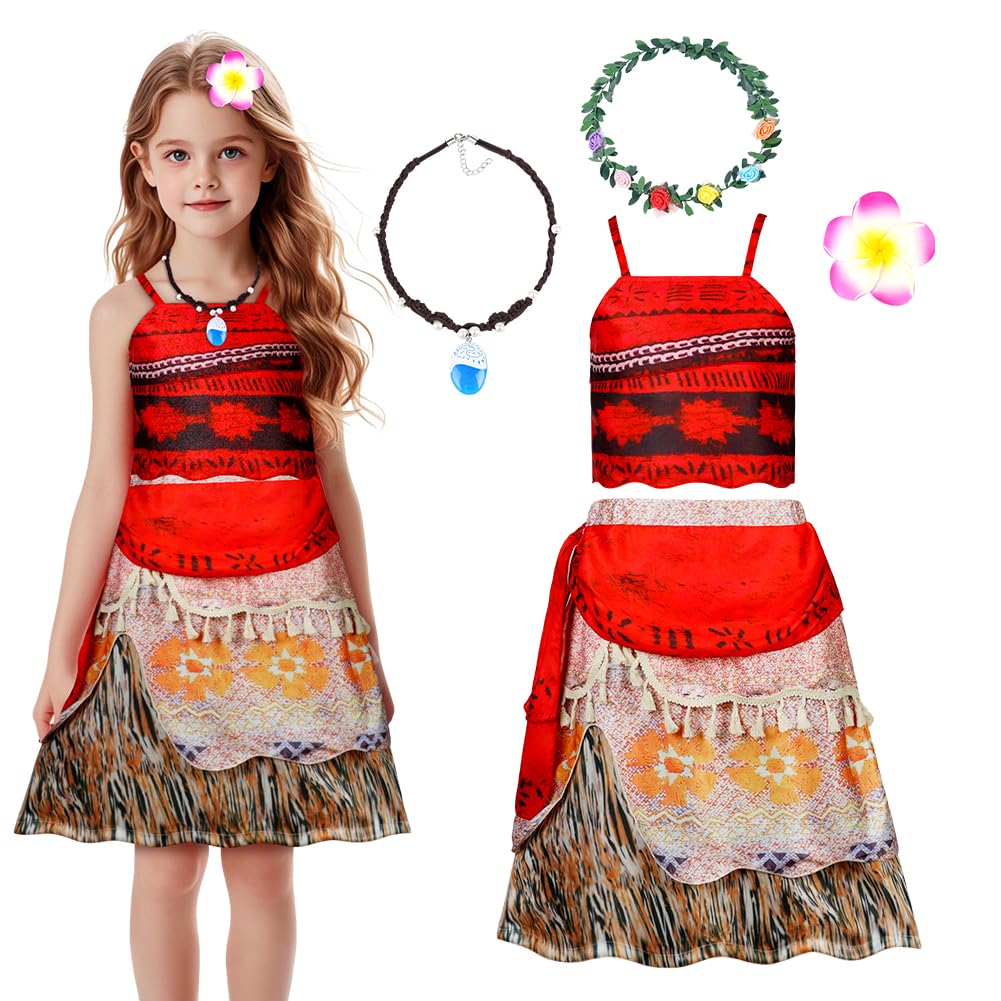URAQT Déguisement Fille Moana - Robe Princesse Enfants Avec Collier Et Accessoires