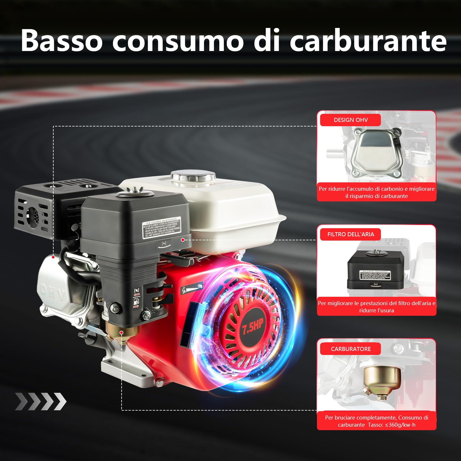 7.5 PS 4-takt Benzinmotor, Go-Karts Motor Einzylinder Standmotor mit Luftkühlsystem, 5100W 215CC 3600 U/min, Tragbarer Antriebsmotor mit Alarm für landwirtschaftliche Geräte, Home Backup