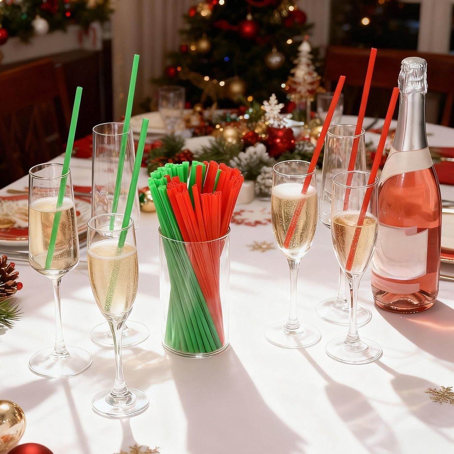 Potchen 60 Pcs Christmas Tree Shaped Plastic Straws Disposable Drinking Straw Bulk for Cocktail Xmas Party Birthday Party Supplies (Red,Green) image 2