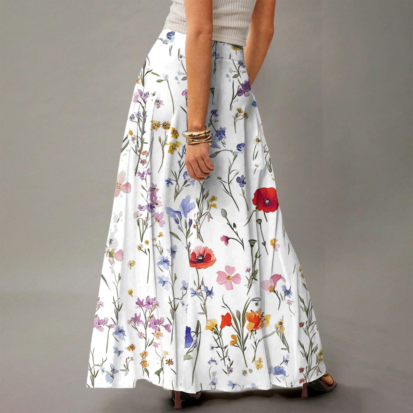 Sommerrock Damen Leicht Und Luftig Boho Röcke Hohe Elastische Taille Maxirock Lang Casual Elegant A-Linie Strandrock Midi Frezeitrock Mit Taschen Gummizug