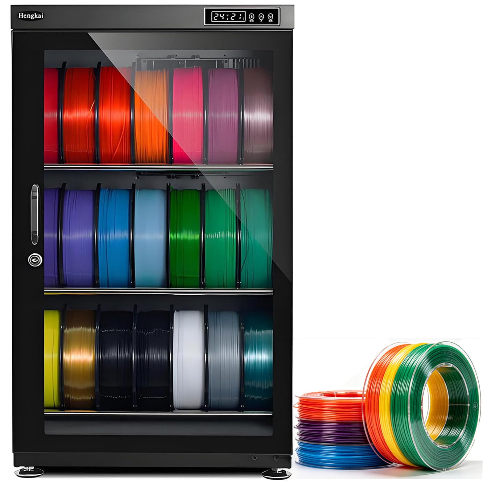 Filamentaufbewahrungsbox für 3D-Drucker, Filamentregal mit transparentem Deckel, 2/3-stufiger Spulenhalter, Feuchtigkeitsbereich 15–60% Relative Luftfeuchtigkeit für die Langzeitlagerung 115L