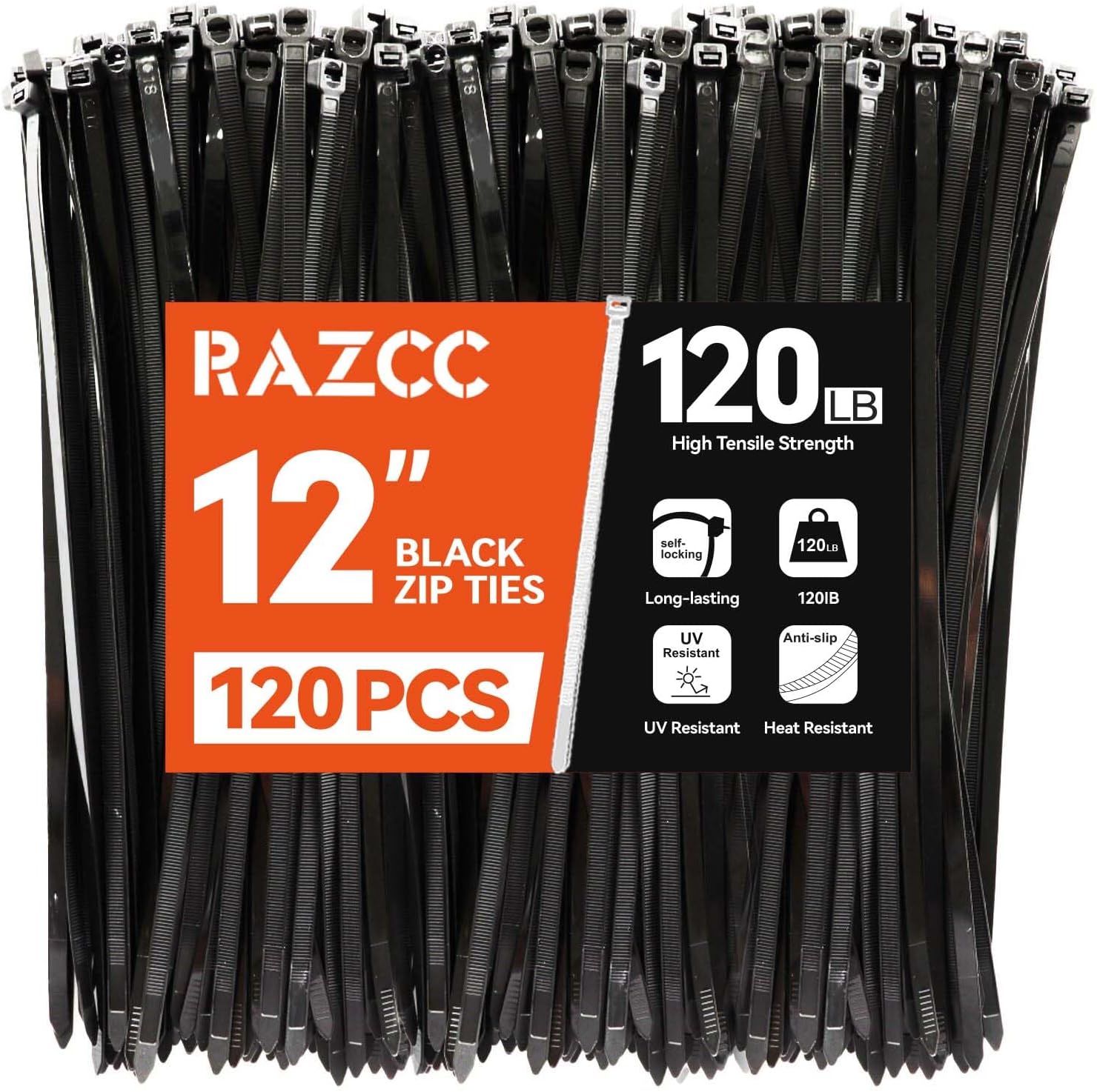 Zip Ties, RAZCC 120 Pack 12 inch Black Cable Ties, Heavy Duty Plastic Wire Ties with 120 lb Tensile Strength, Black Nylon Zip Ties for Indoor and Outdoor
