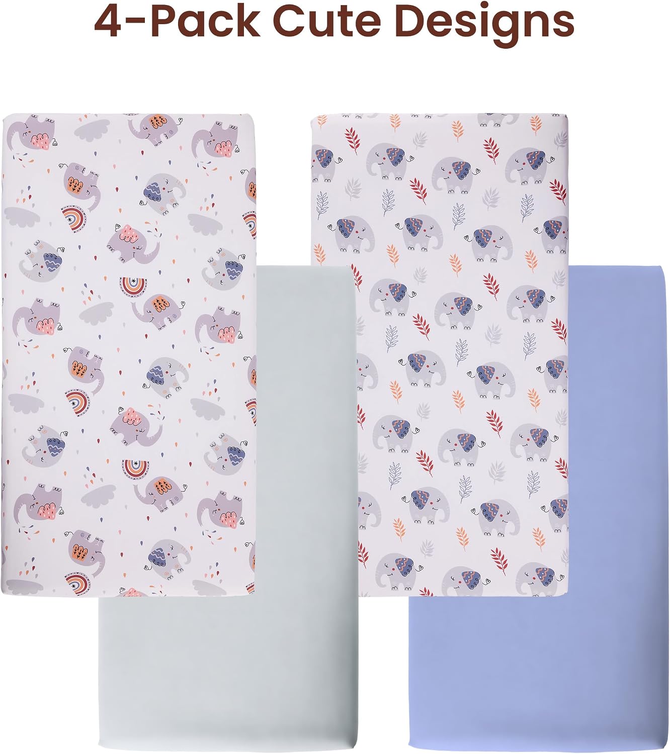 Baby Crib Sheets for Boys Girls, Toddler Bed Sheets Fitted for 52x28 Inch Standard Crib Mattress for Neutral, Set of 4 Super Soft Breathable Microfiber, Elephant, Rainbow, Grey & Dusty Blue