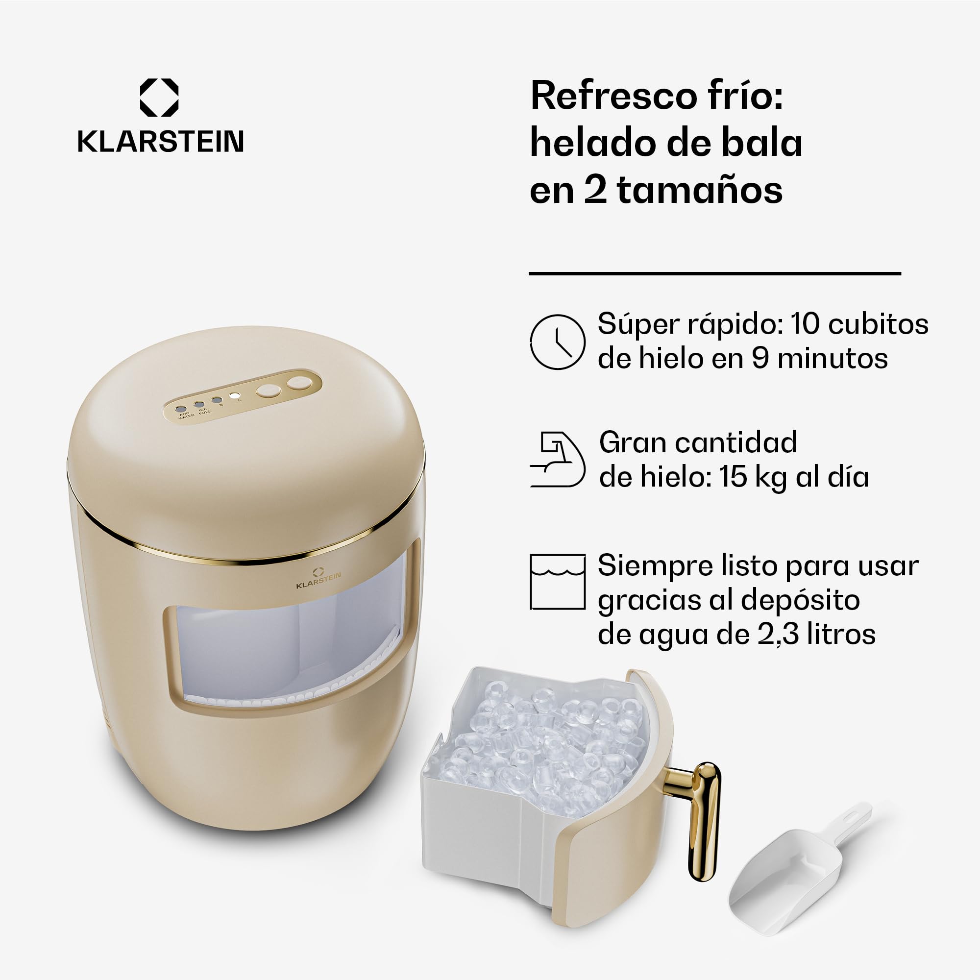 Klarstein Máquina de hielo para casa, Camping Gastro, Mini cubitos rápidos, Máquina profesional para cubitos grandes y pequeños, autolimpiable, depósito de agua de 2,3 L, 15 kg de hielo en 24 h