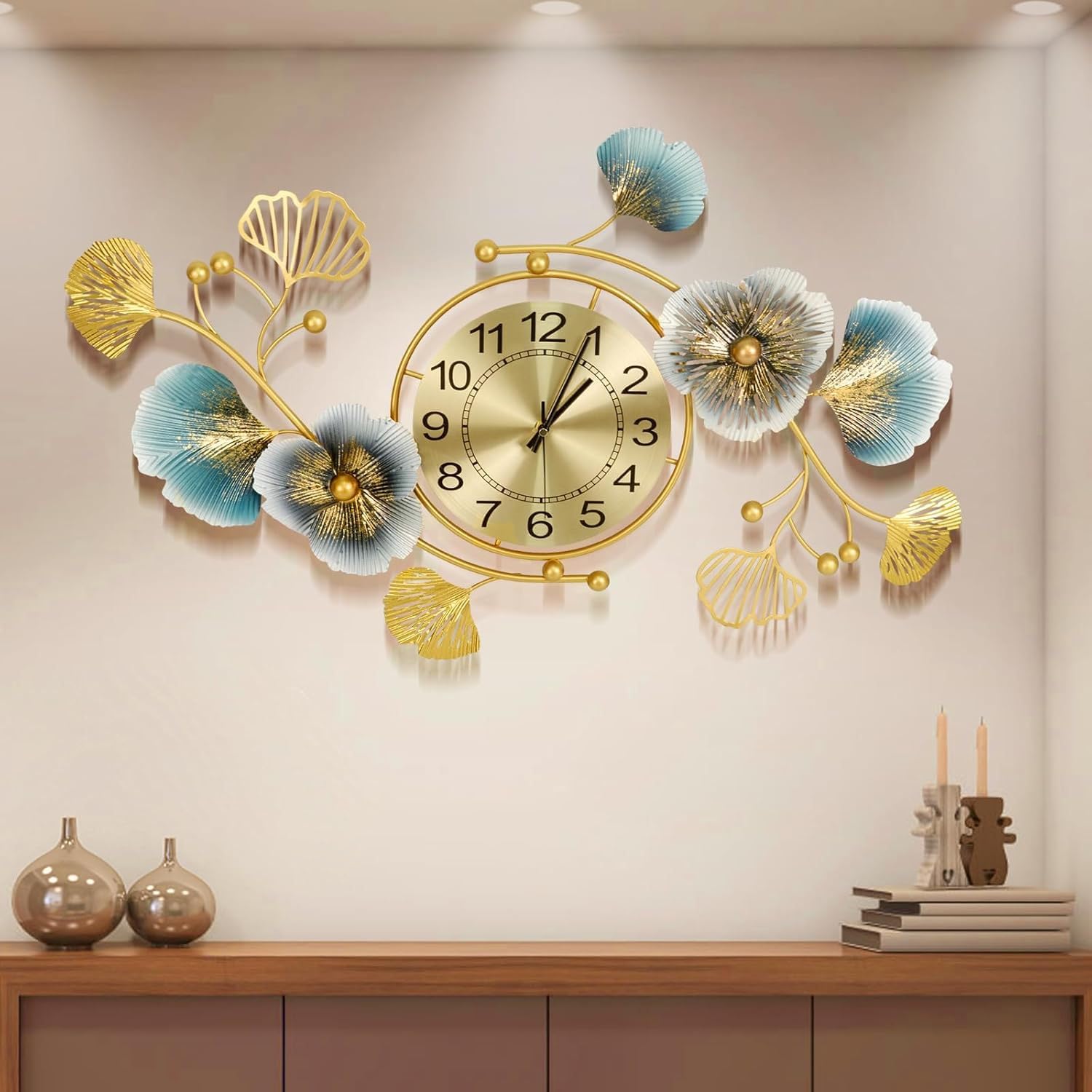 Luxury Metal Wall Clock 3D Ginkgo Leaf Design – Silent Non-Ticking Quartz Decorative Wall Clock,Gold Modern Large Wall Art for Living Room,Bedroom,Office,Hotel,Home Décor(Gold, 36.22 x21.26