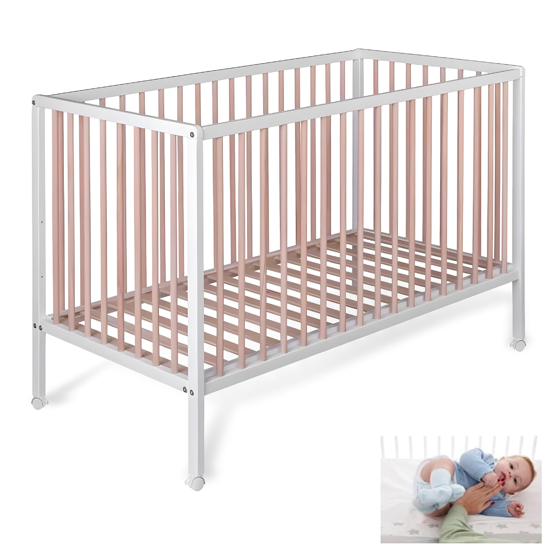 Cuna Colecho Madera para Bebé, 3 Alturas de Somier | Laponia CoolDreams | Estilo nórdico, color natural. Kit colecho y 4 ruedas con freno incluidos para unir a la cama.