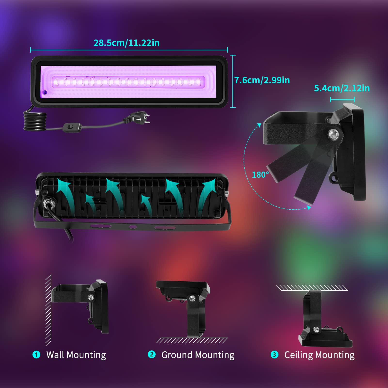 Viugreum 2pack Led UV+RGB Schwarzlicht 50W watt Strahler Außen IP65 Wasserdicht Fluter Scheinwerfer mit Netzkabel 1.5m Stecker Fernbedienung Schwarzlichtlampe für Weihnachten Party Bar Garten
