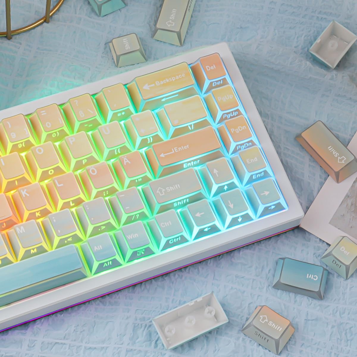 PBT Shine Through German Keycaps, 136 Keys Double Shot Side Printed Light Shadow Ocean Sunset Keycaps Dye-Sub Cherry Profile Keycap for Cherry MX Switch ISO QWERTZ Layout Mechanical Keyboards