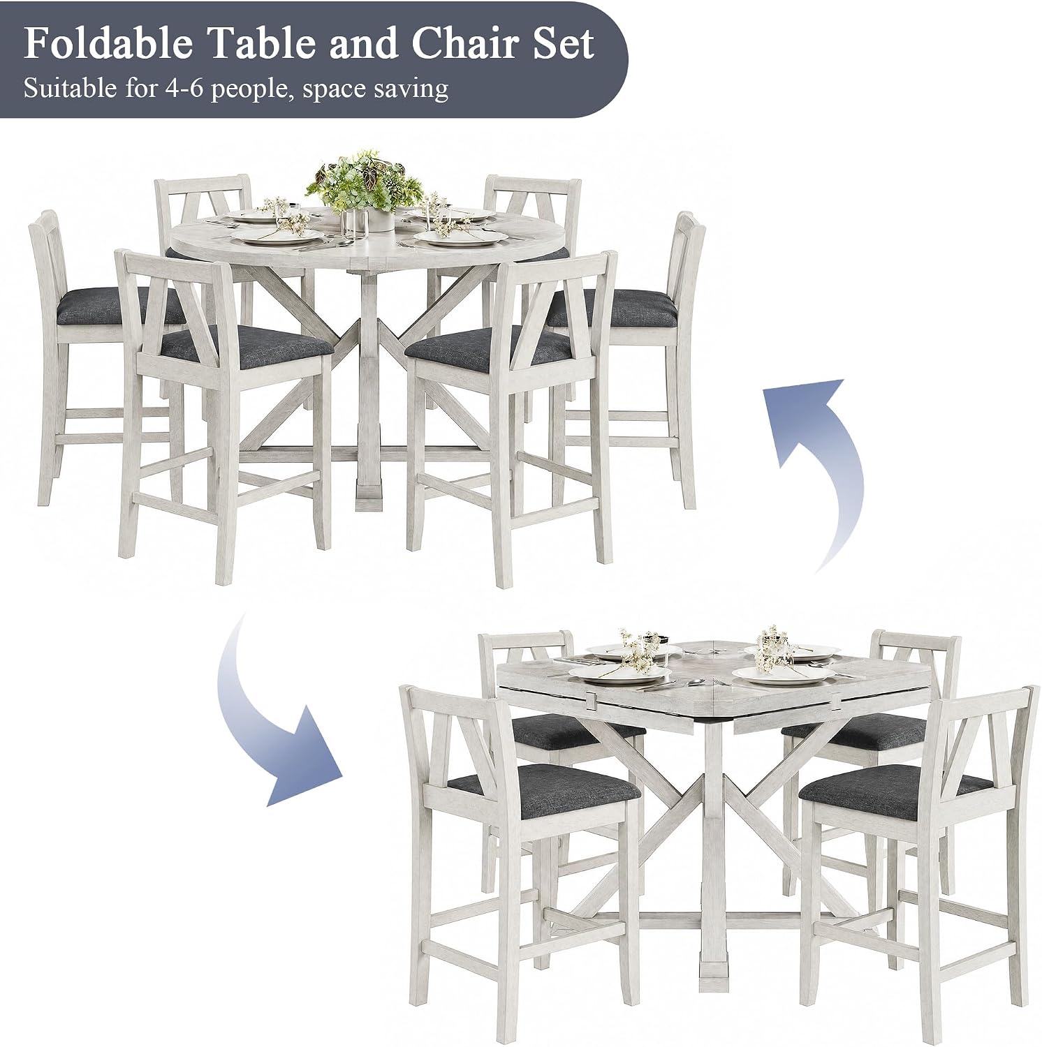 VECELO 7-Piece Solid Wood Foldable Dining Table Set for 6, Farmhouse Round Dining Table with 6 Upholstered Dining Chairs for Dining Room, Kitchen, Washed Gray