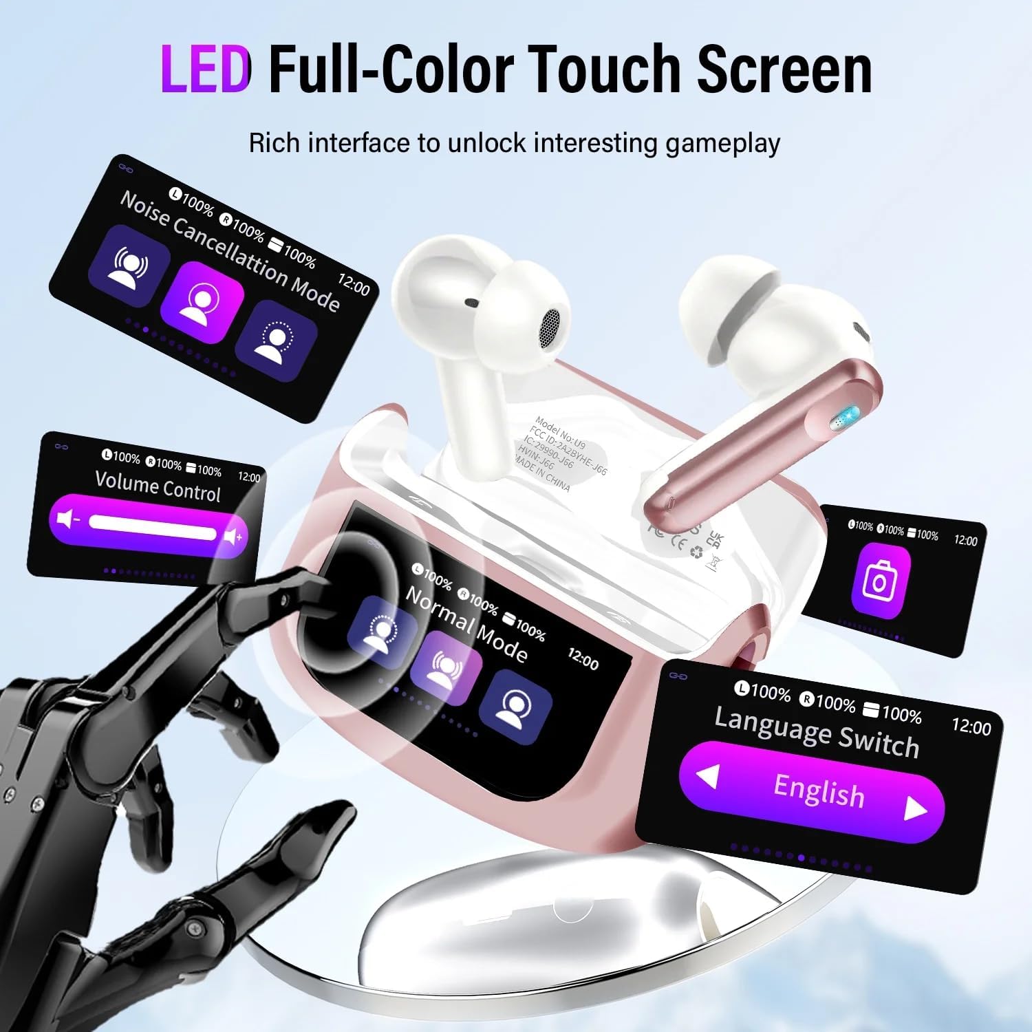 Touch Screen Wireless Earbuds, Bluetooth 5.4 Ear Buds with Multifunctional with ENC Noise Cancelling MicClear Calls Earphones, 48H Bass Stereo Headphones, IP7 Waterproof Headphones for Workout