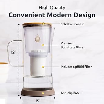 Invigorated Water pH Restore Glass Alkaline Water Pitcher - Plus PH001 3 Pack Replacement Filters + 3Pk PH002 UF Membrane Filter Bundle