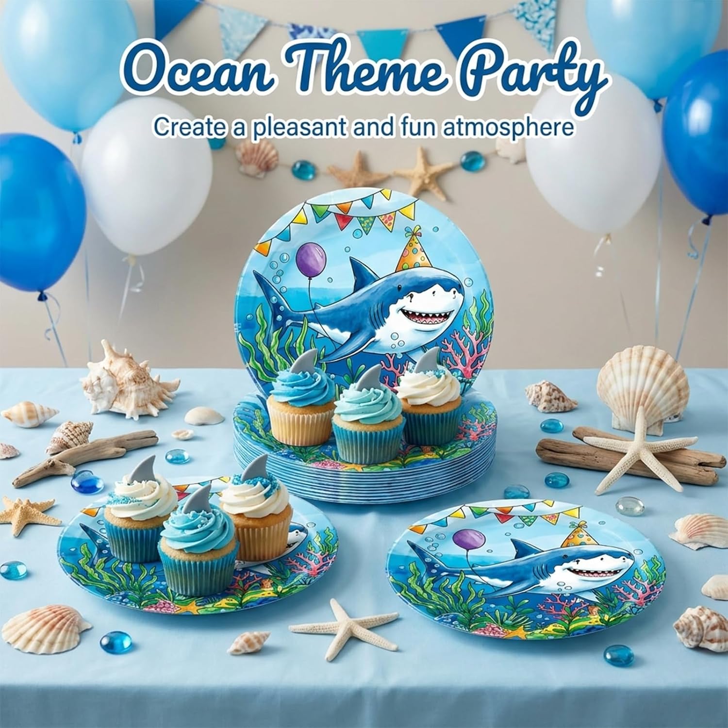 100Pcs Disposable Plates with Blue Shark Pattern, 7-Inch Ocean Themed Party Decor for Holiday Family Gatherings image 3