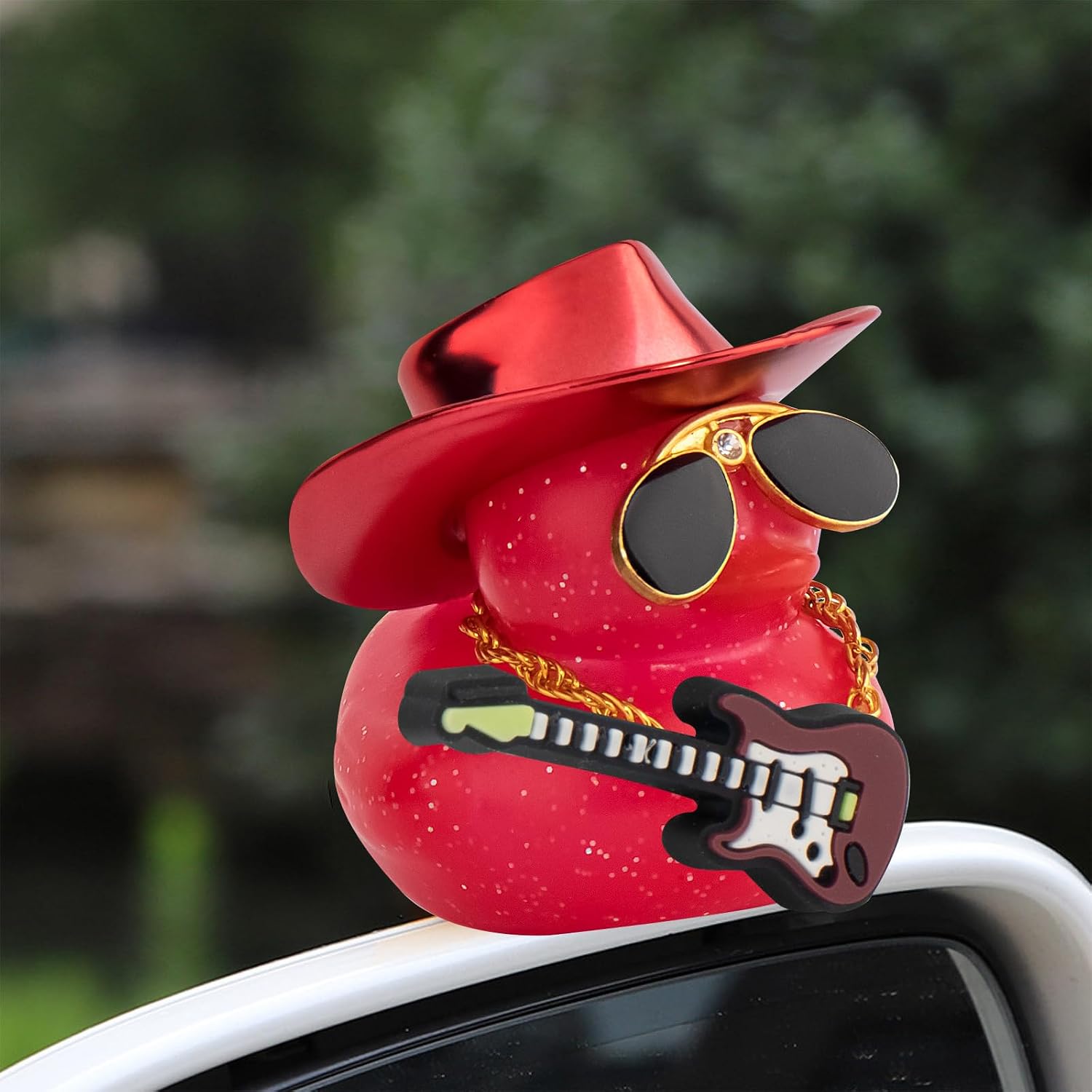 wonuu Car Decorations Laser Cowboy Hat Rubber Ducks, Dashboard Rubber Ducky for Car Ornament Cute Duck with Hat, Glasses, Necklace, Guitar (Jelly Red) image 3