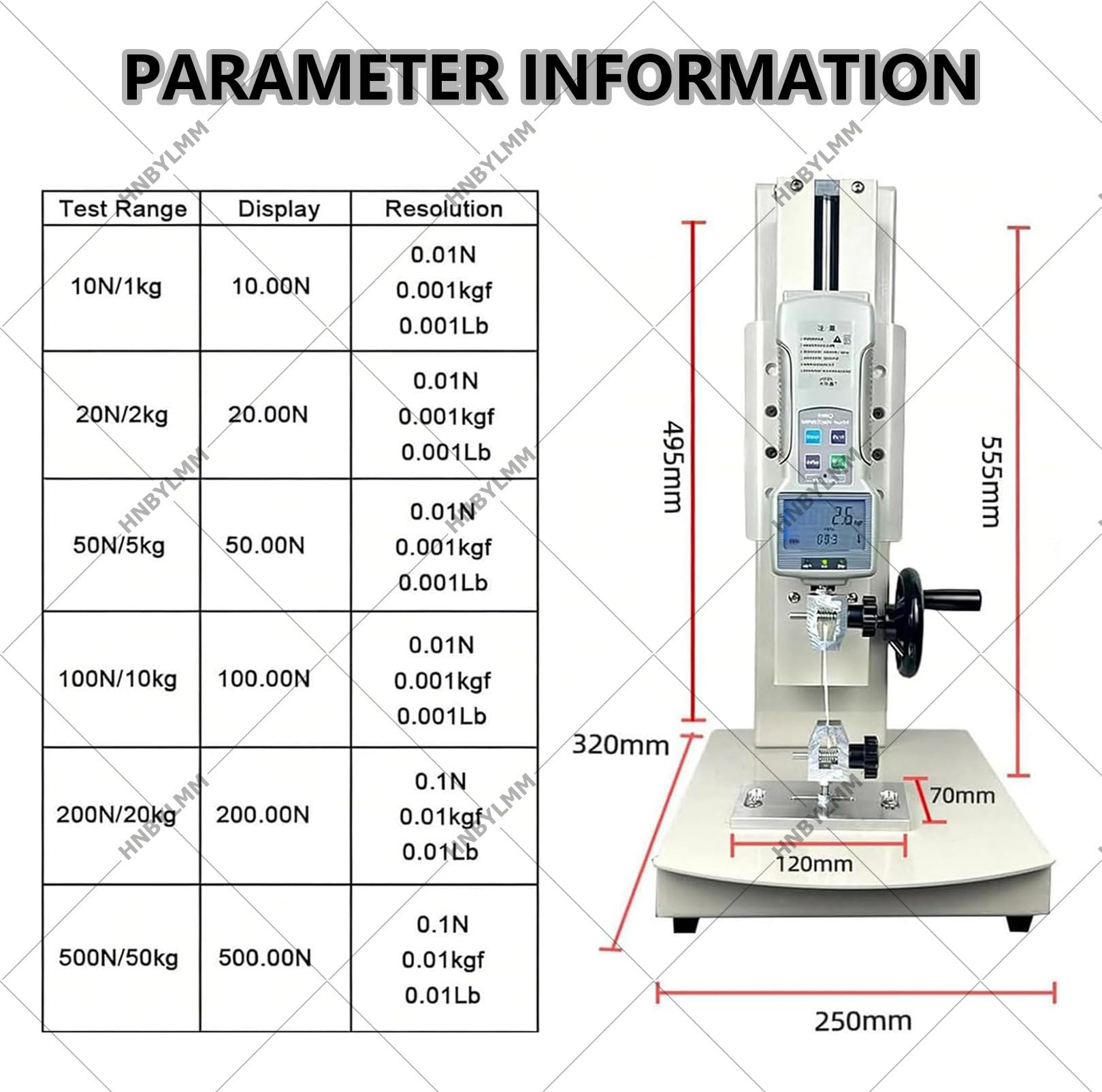Digitale Zugprüfmaschine, 10-500 N Manueller Kraftmessständer, 300 mm Hub, mit 2 Prüfklemmen, Ausgabefunktion, LCD-Display, für Zug-, Druck- und zerstörende Prüfungen 500N