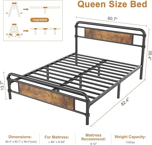 Miniatura 2 de Base de cama Queen con cabecero, base de cama de plataforma pesada con base de metal fuerte, fácil montaje, no necesita somier, marrón vintage
