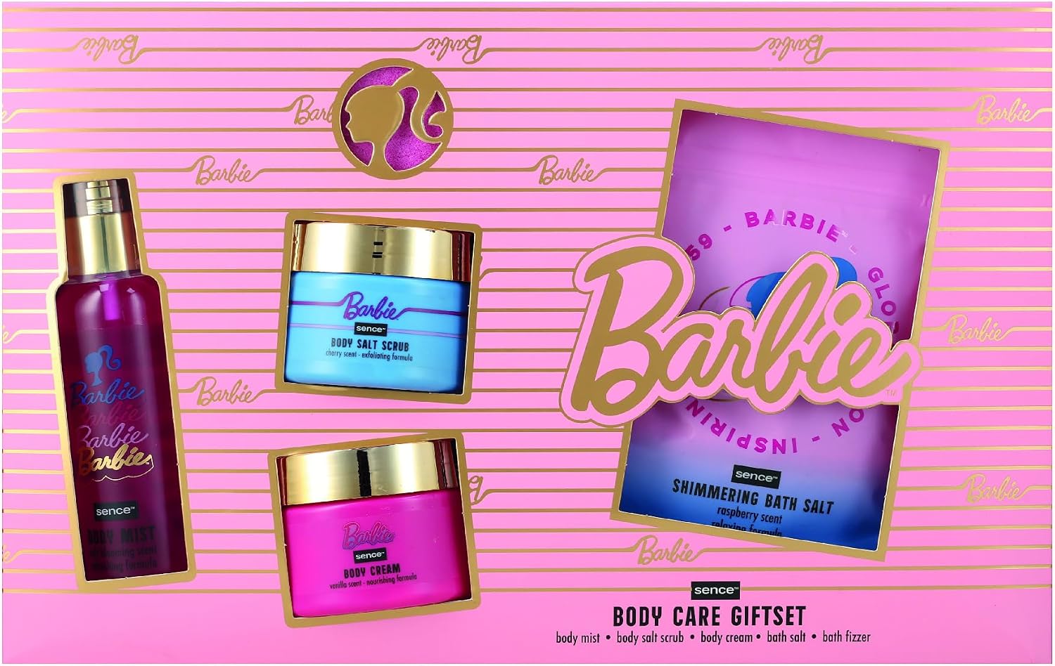 Barbie zestaw prezentowy, 5-częściowy zestaw do pielęgnacji skóry, wegański, zestaw do pielęgnacji ciała, peeling do ciała, krem z aloesem i gliceryną, kulą kąpielową, delikatna pielęgnacja, kosmetyki