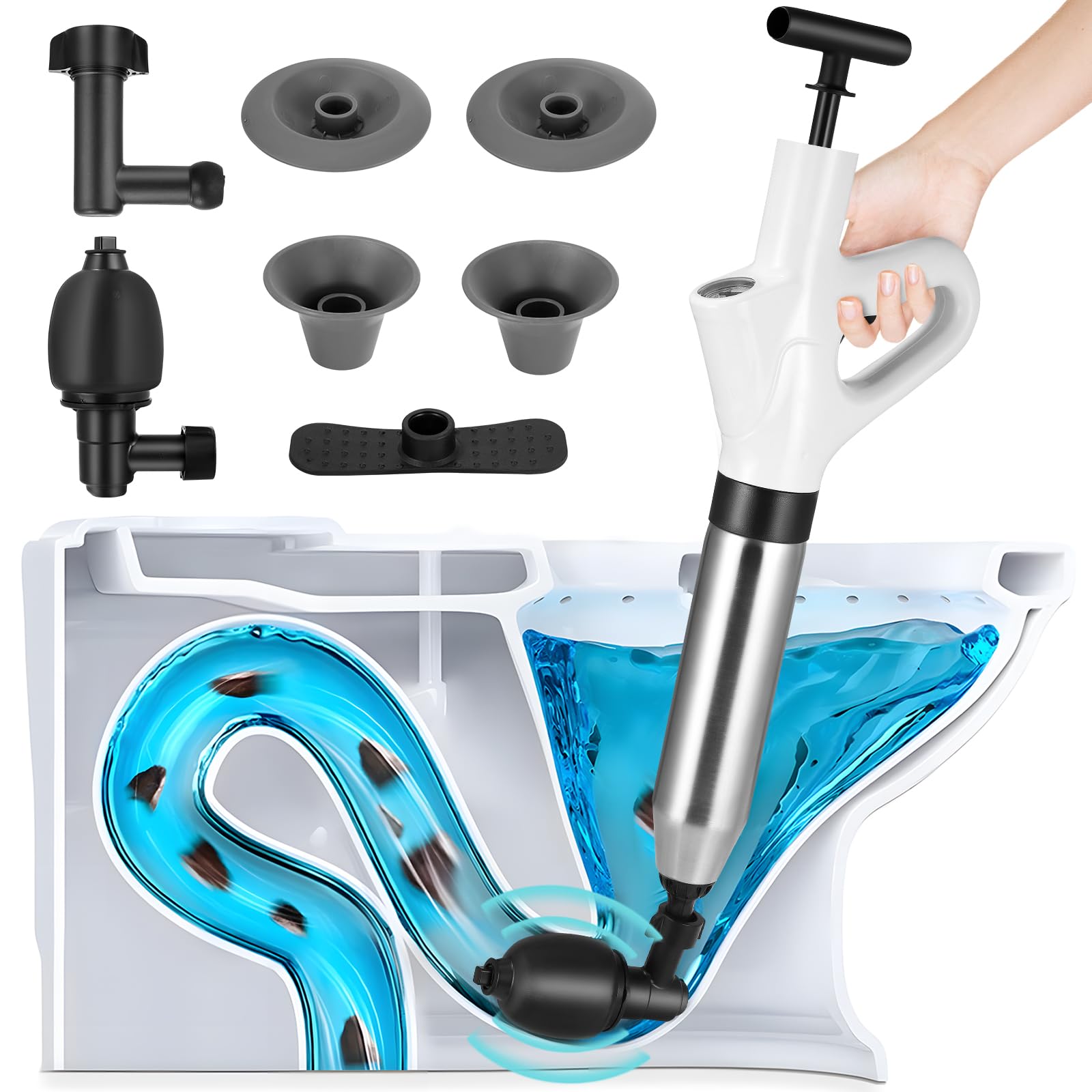 Deboucheur WC, 4 in 1 Déboucheur à Pompe Haute Pression Déboucheur Piston Toilette Puissant Air Comprimé avec Têtes Remplaçables et Baromètre pour Déboucher les Évier Lavabo Baignoire Drain de Sol