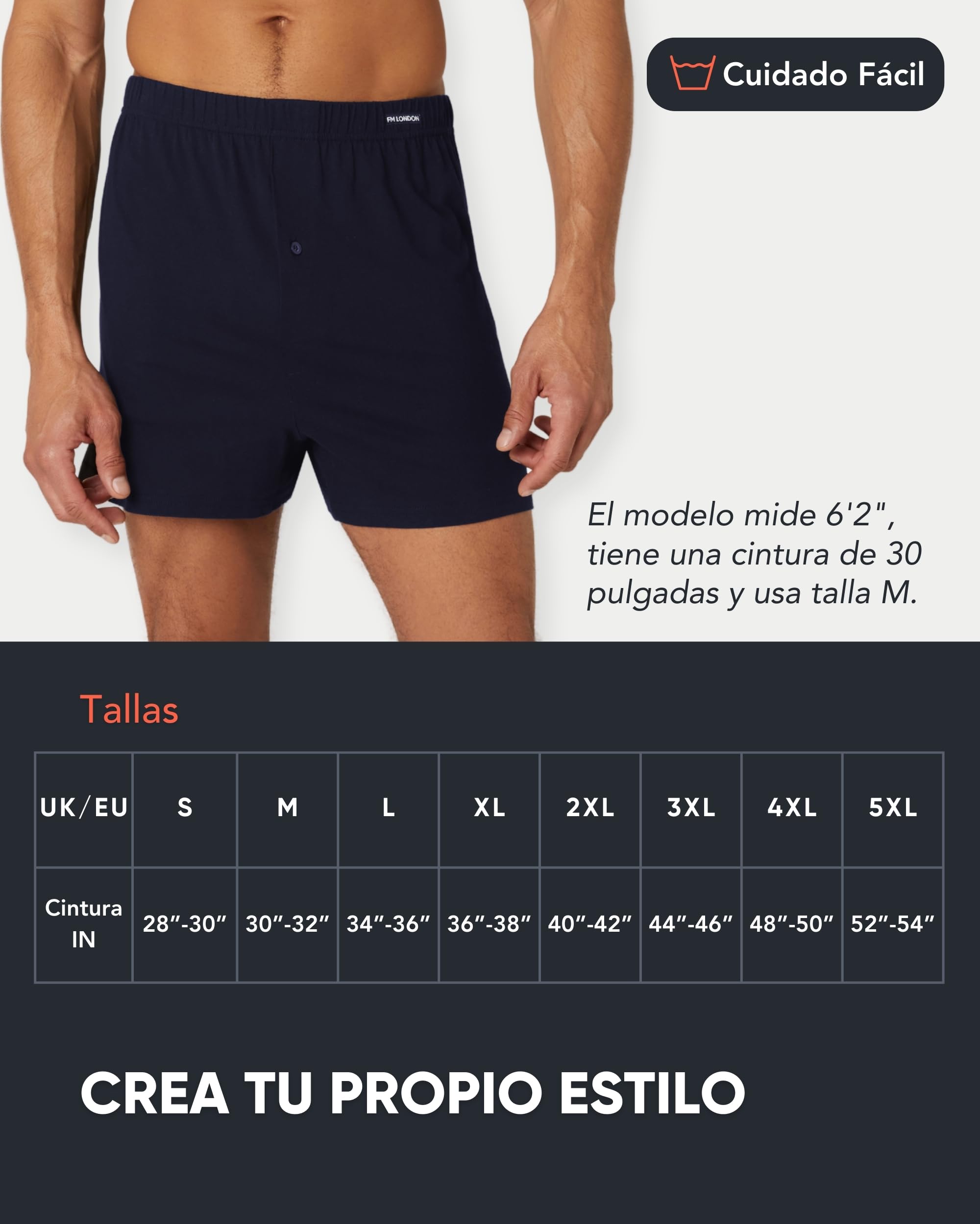 FM London Pack de 5 Calzoncillos para Hombre de Algodón - Bóxer para Hombre de Algodón 100% Supersuave, Colores Lisos – Bóxer de Estilo Holgado, Bragueta Abotonada y Cintura Elástica