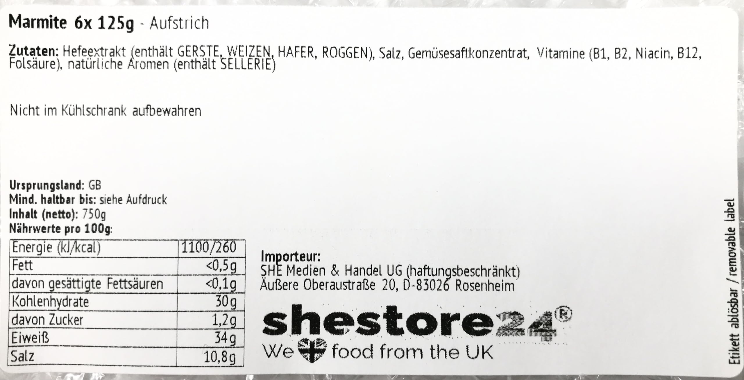 Marmite Yeast Extract Hefeextrakt Aufstrich 6X 125G – importiert von Shestore24