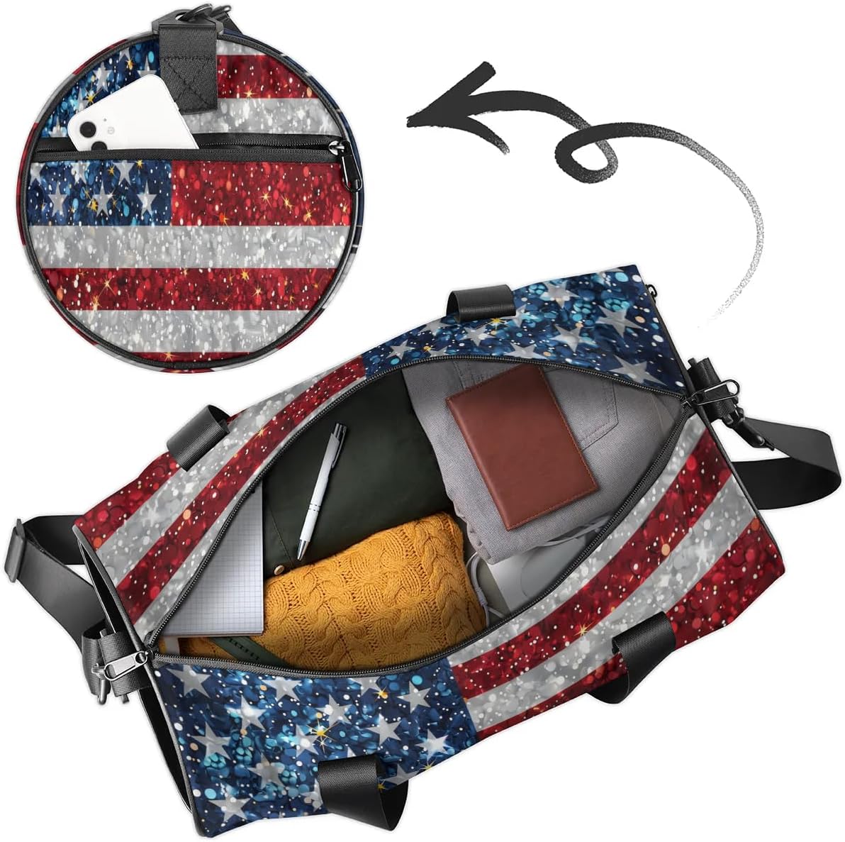 Travel Duffel Bag Glitter American Flag Sports Gym Bag for Womens Mens, Waterproof Weekend Overnight Bags Lightweight Carry on Bags for Airplanes Yoga Dance Beach Swim Hospital Holdalls,A-2239